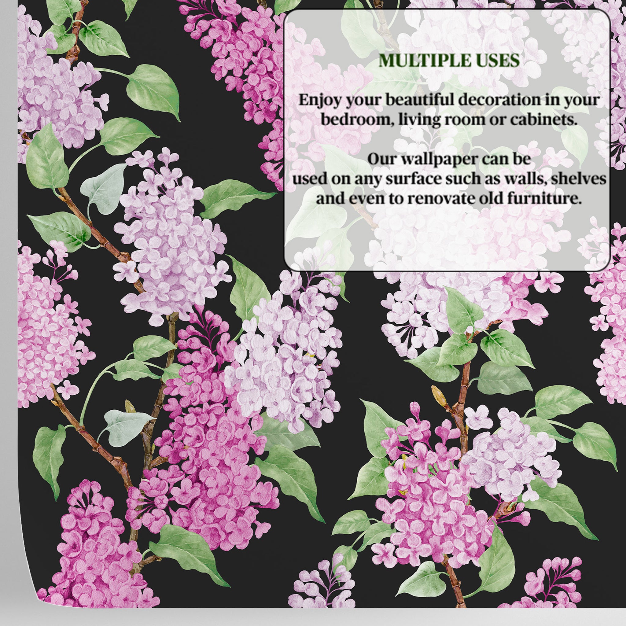 Carta da Parati Floreale con Glicini Rosa e Lilla - Design Elegante su Sfondo Nero - 2 rotoli di carta 90 cm x 260 cm - 4.68 mq