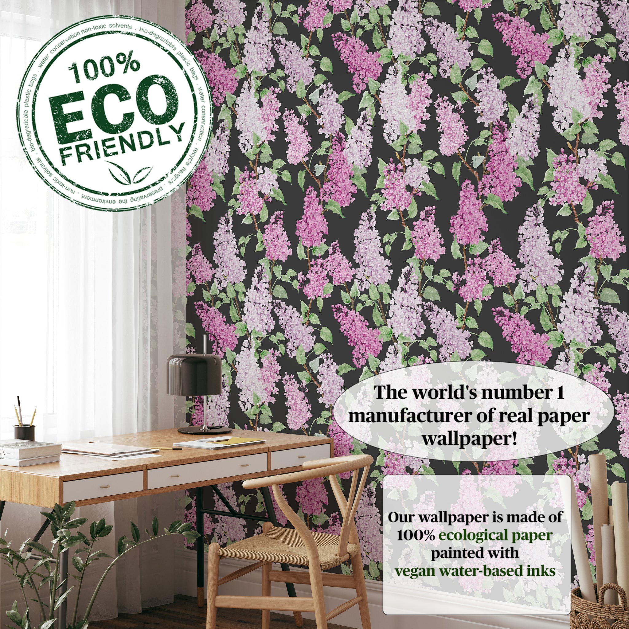 Carta da Parati Floreale con Glicini Rosa e Lilla - Design Elegante su Sfondo Nero - 2 rotoli di carta 90 cm x 260 cm - 4.68 mq