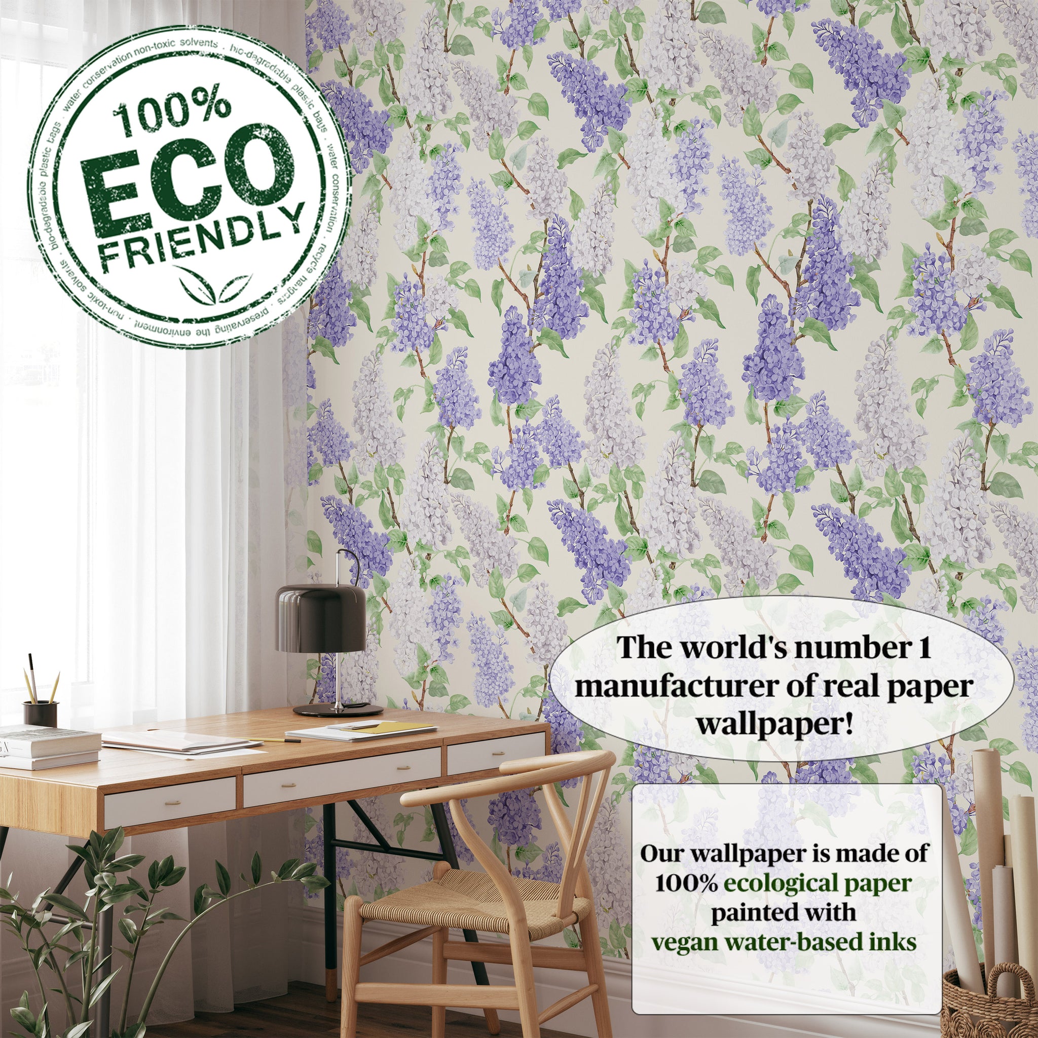 Carta da Parati Floreale con Glicini Viola e Lilla - Design Fresco e Romantico - 2 rotoli di carta 90 cm x 260 cm - 4.68 mq