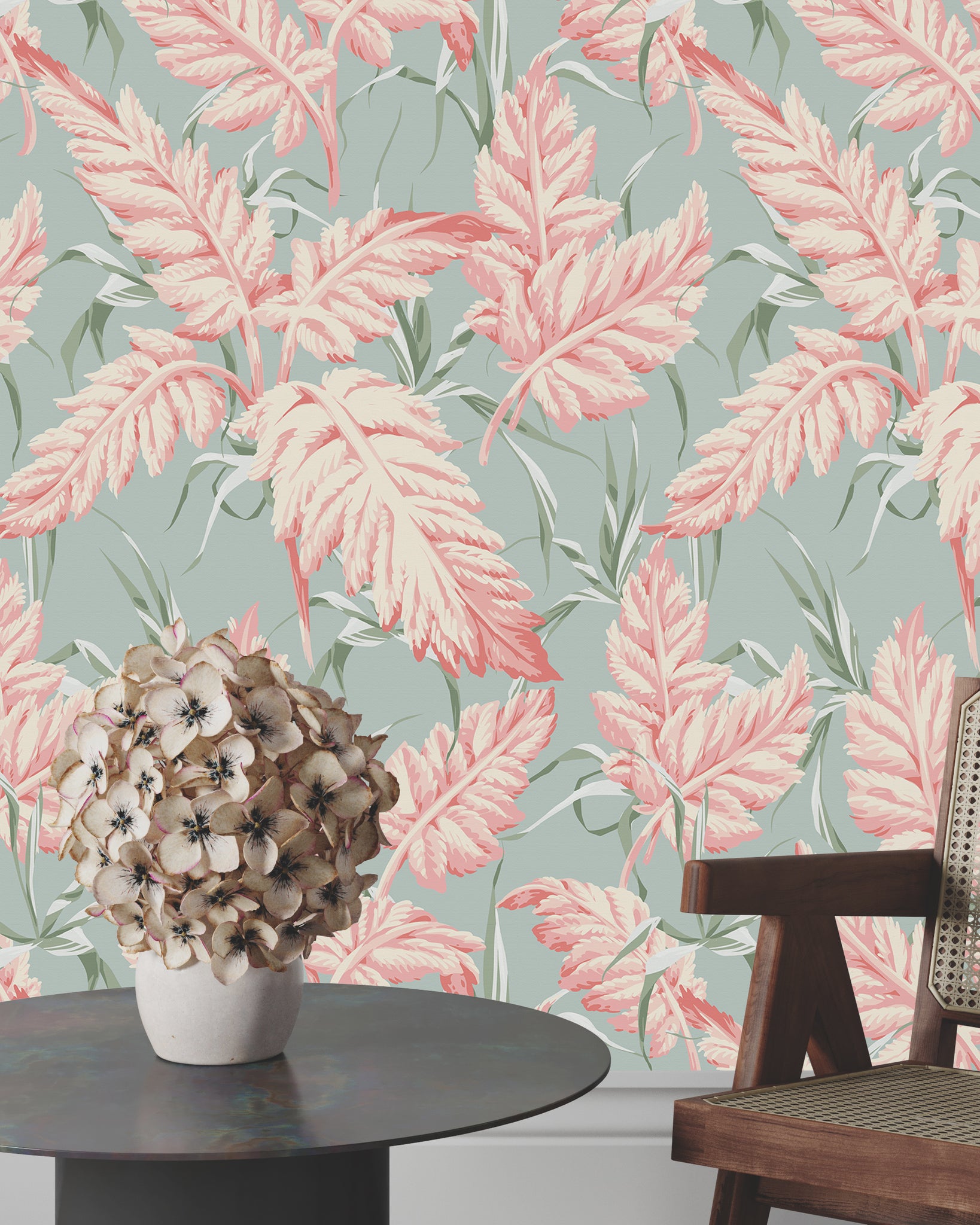 Carta da Parati Floreale Pastello - Design Elegante con Foglie Rosa - 2 rotoli di carta 90 cm x 260 cm - 4.68 mq