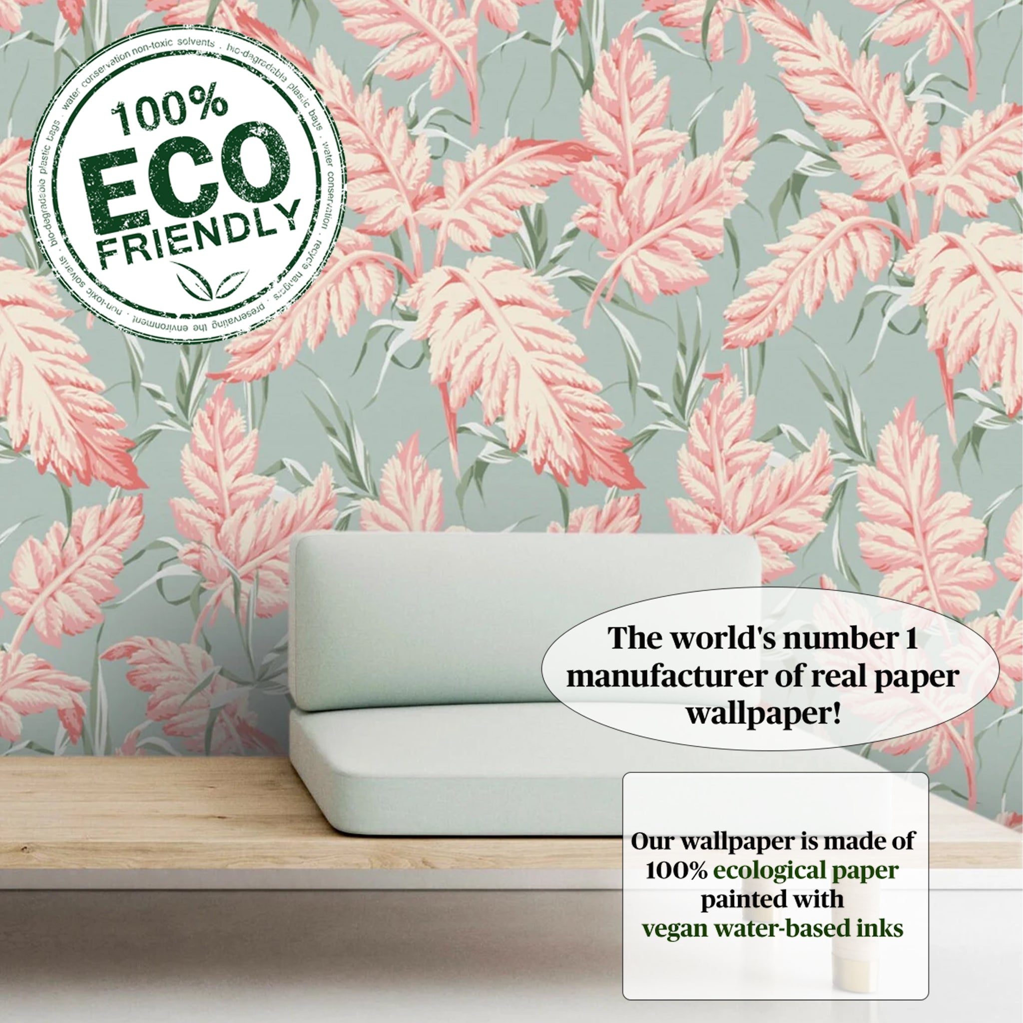 Carta da Parati Floreale Pastello - Design Elegante con Foglie Rosa - 2 rotoli di carta 90 cm x 260 cm - 4.68 mq