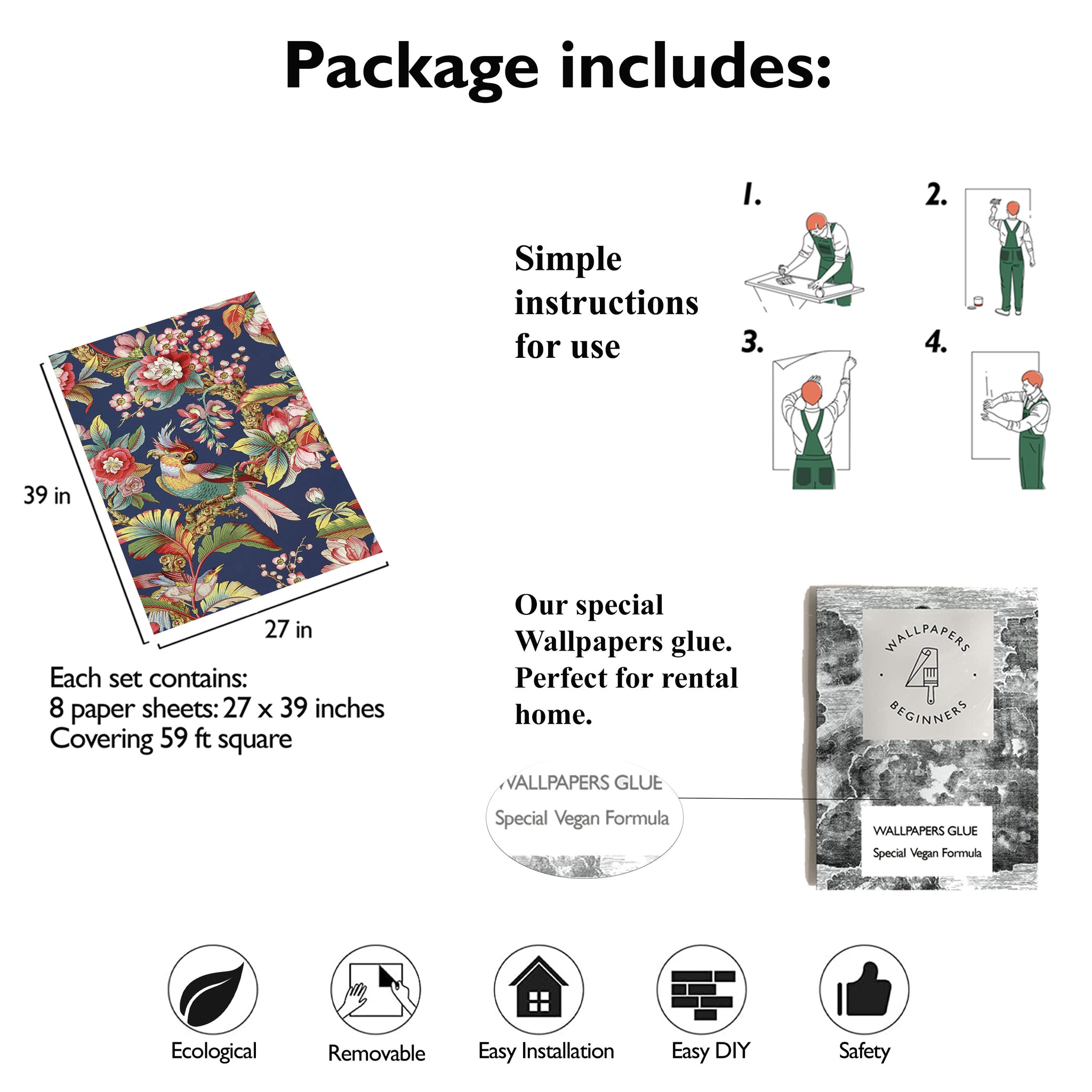 Carta da Parati Cinese in Blu con Uccellini - 8 fogli - 5,60 mq