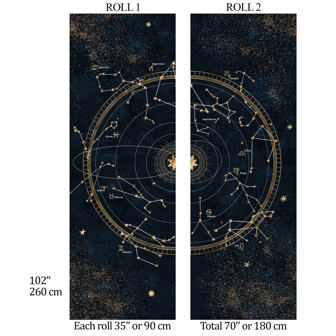 Carta da Parati Costellazioni Dorate su Sfondo Stellato - 2 rotoli di carta 90 cm x 260 cm - 4.68 mq