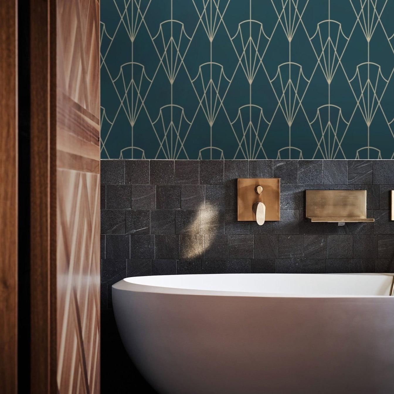 Carta da Parati Art Déco Anni 30 Verde Petrolio - 8 fogli - 5,60 mq