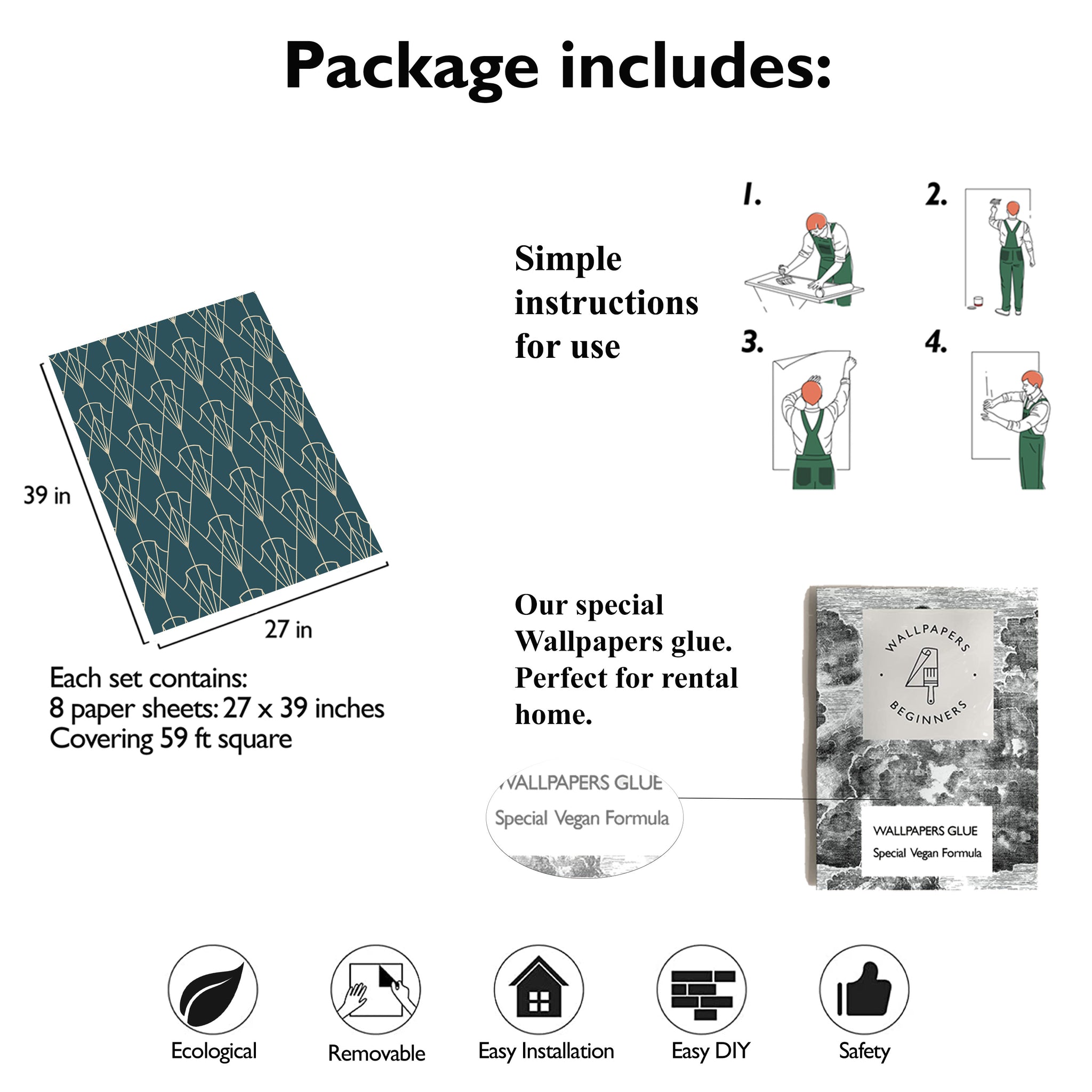 Carta da Parati Art Déco Anni 30 Verde Petrolio - 8 fogli - 5,60 mq