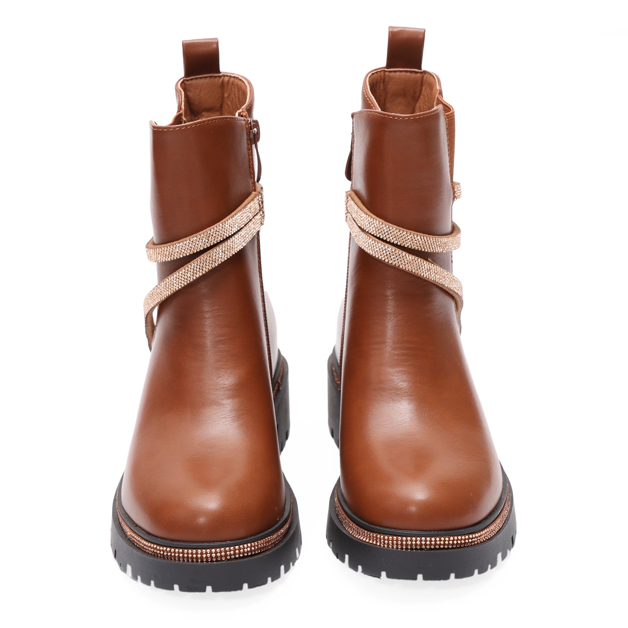 Stivaletti in simil pelle con applicazioni dorate Cammello