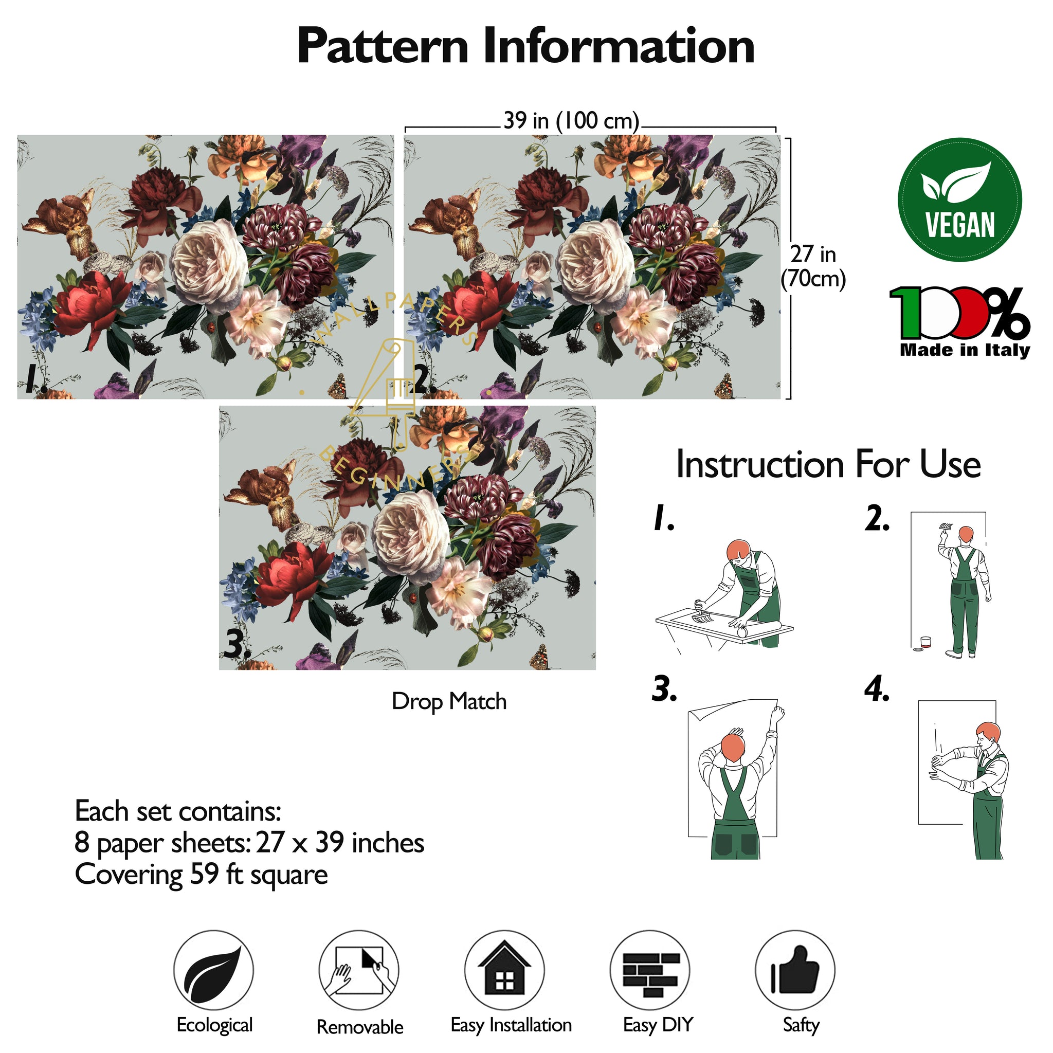 Carta da Parati Floreale Rinascimento - 8 fogli - 5,60 mq