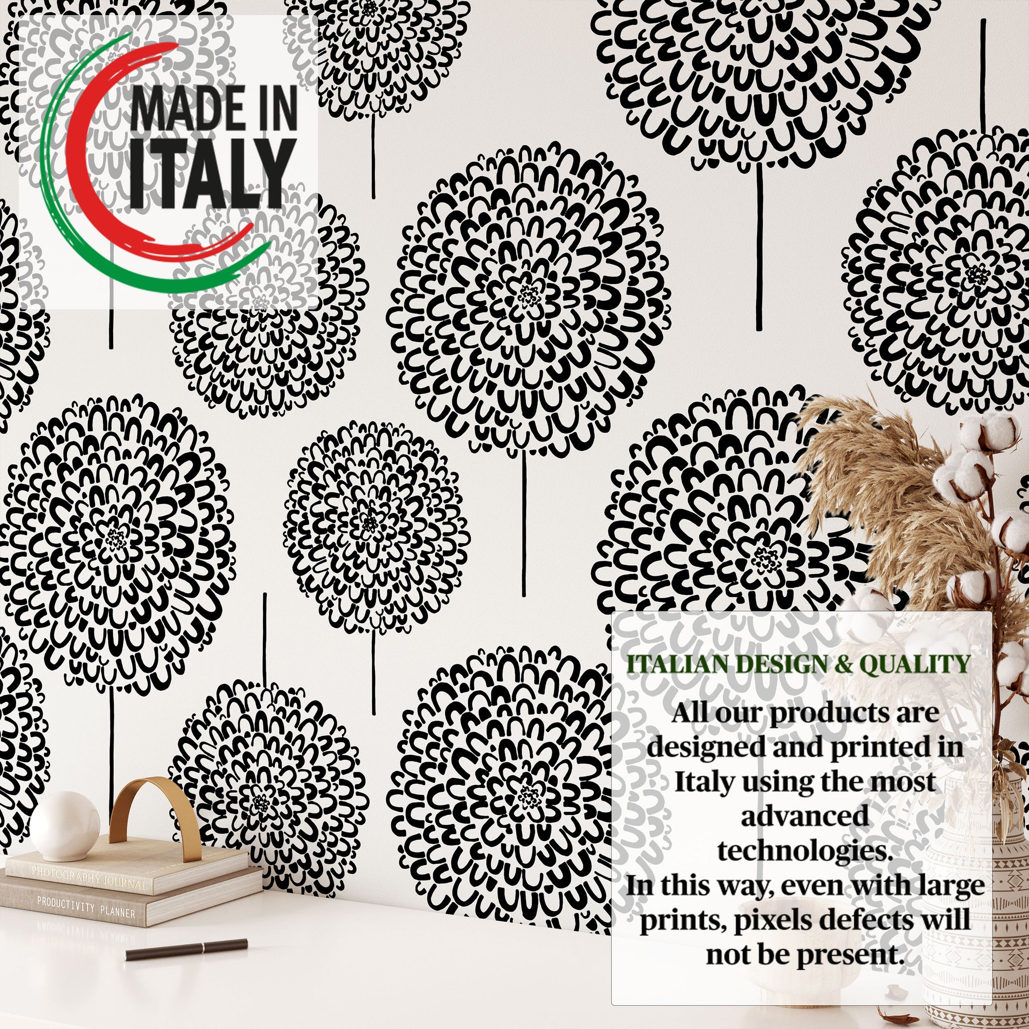 Carta da Parati Astratta con Motivi Floreali in Bianco e Nero - Design Minimalista ed Elegante - 2 rotoli di carta 90 cm x 260 cm - 4.68 mq