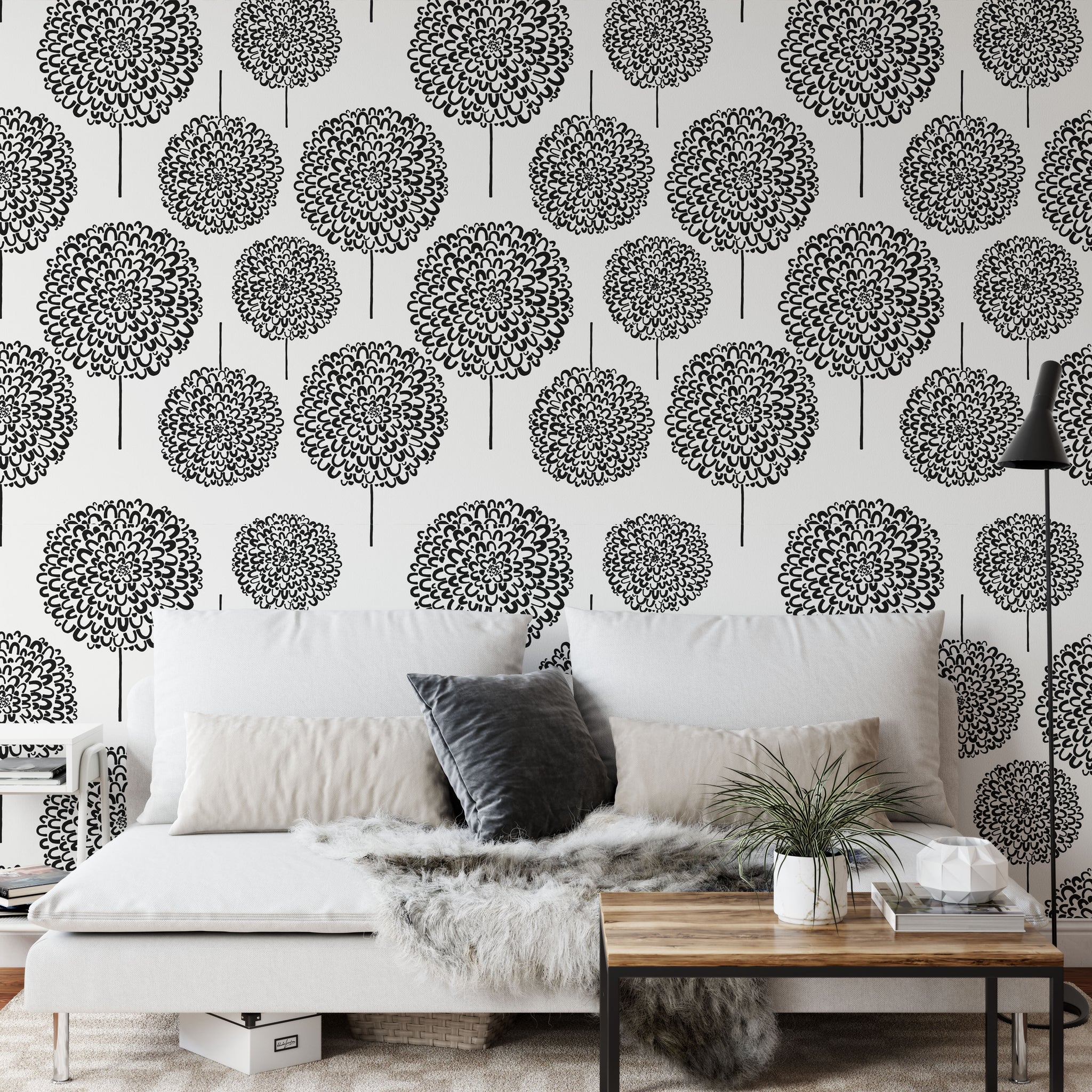 Carta da Parati Astratta con Motivi Floreali in Bianco e Nero - Design Minimalista ed Elegante - 2 rotoli di carta 90 cm x 260 cm - 4.68 mq