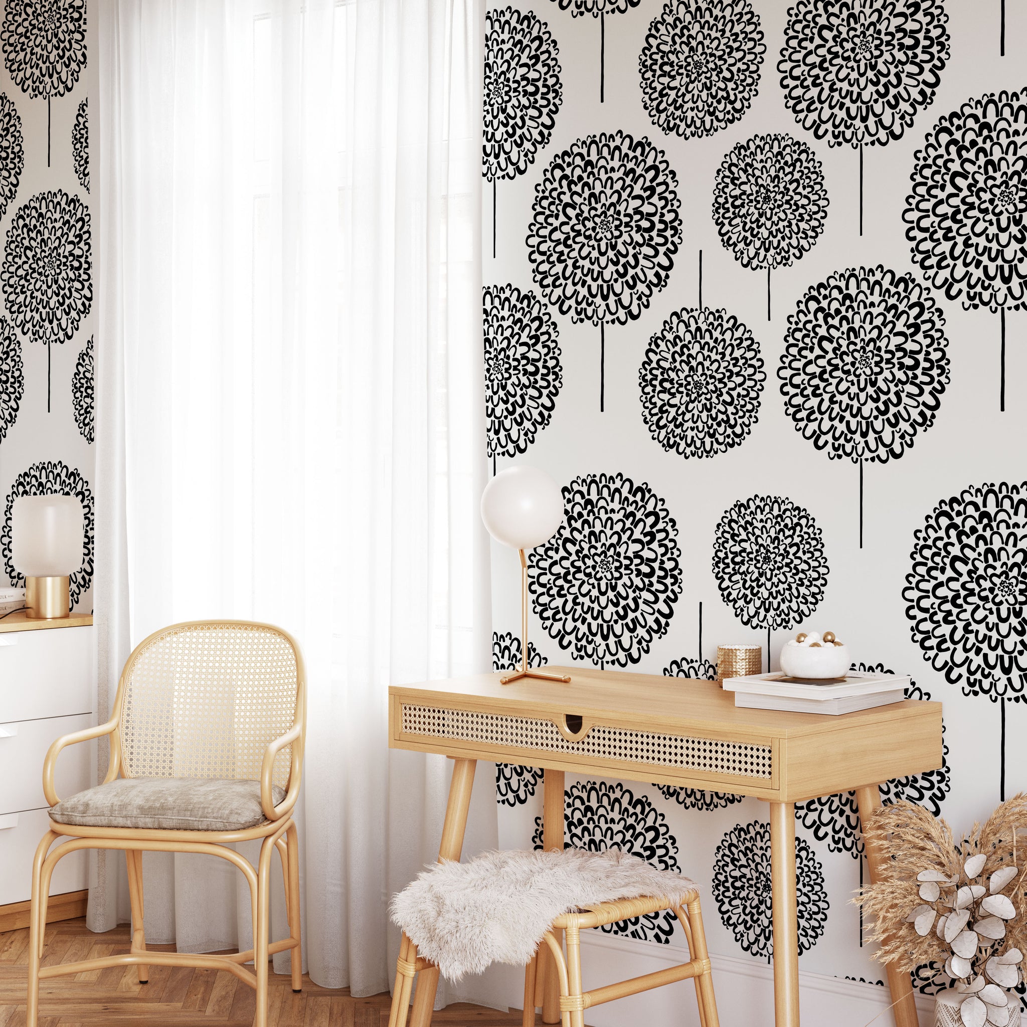 Carta da Parati Astratta con Motivi Floreali in Bianco e Nero - Design Minimalista ed Elegante - 2 rotoli di carta 90 cm x 260 cm - 4.68 mq