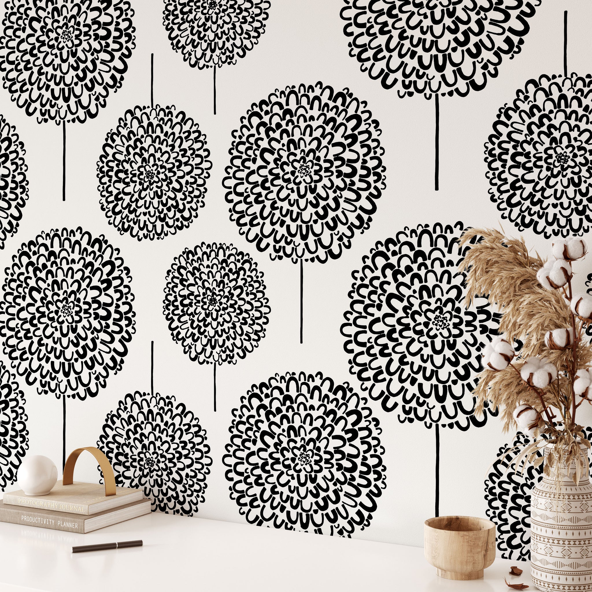 Carta da Parati Astratta con Motivi Floreali in Bianco e Nero - Design Minimalista ed Elegante - 2 rotoli di carta 90 cm x 260 cm - 4.68 mq