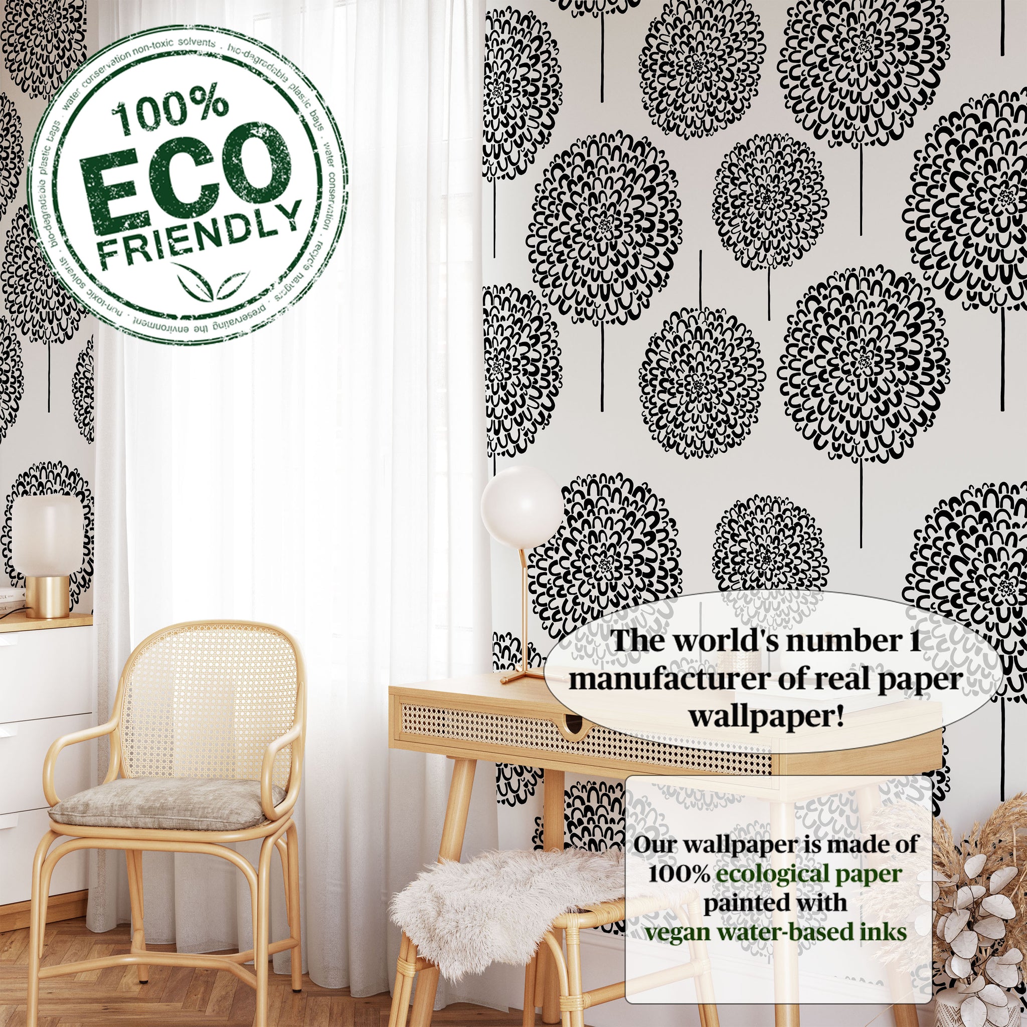 Carta da Parati Astratta con Motivi Floreali in Bianco e Nero - Design Minimalista ed Elegante - 2 rotoli di carta 90 cm x 260 cm - 4.68 mq