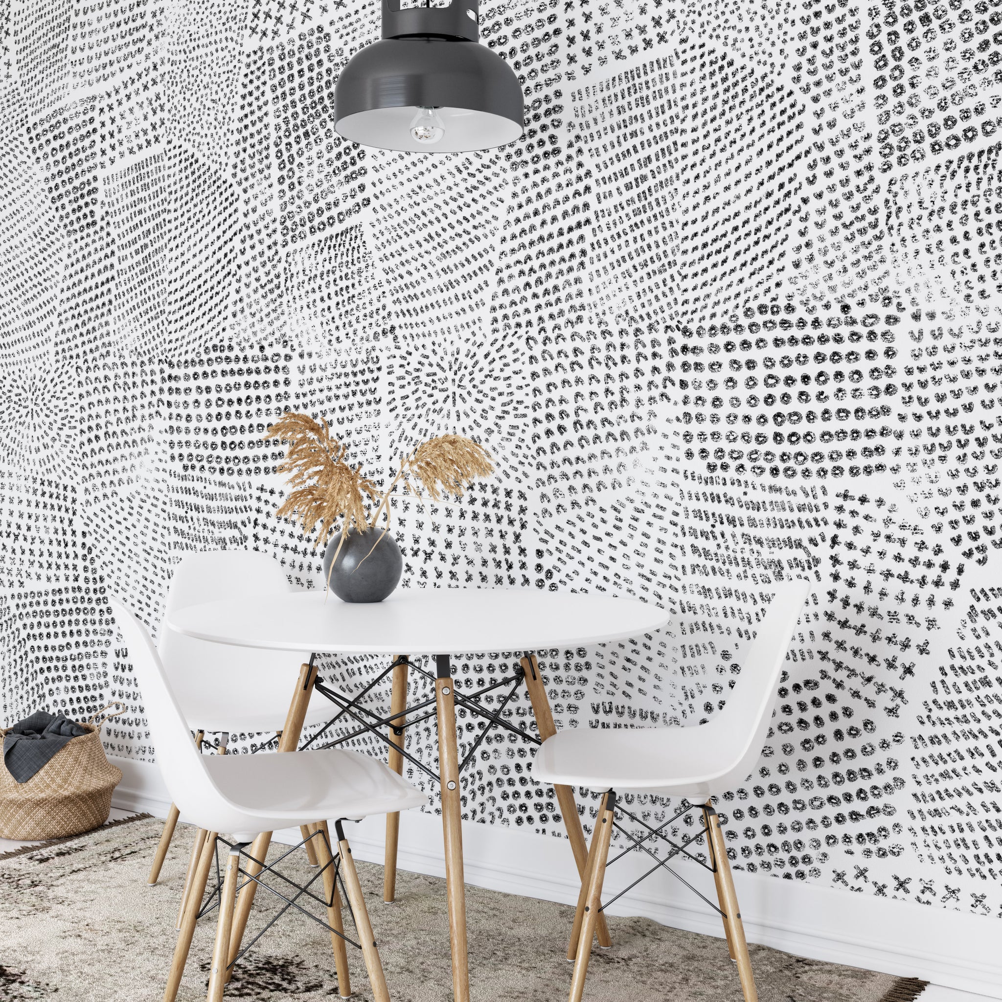 Carta da Parati Minimalista con Segni Astratti Neri - Motivi Monocromatici Ripetuti - 2 rotoli di carta 90 cm x 260 cm - 4.68 mq