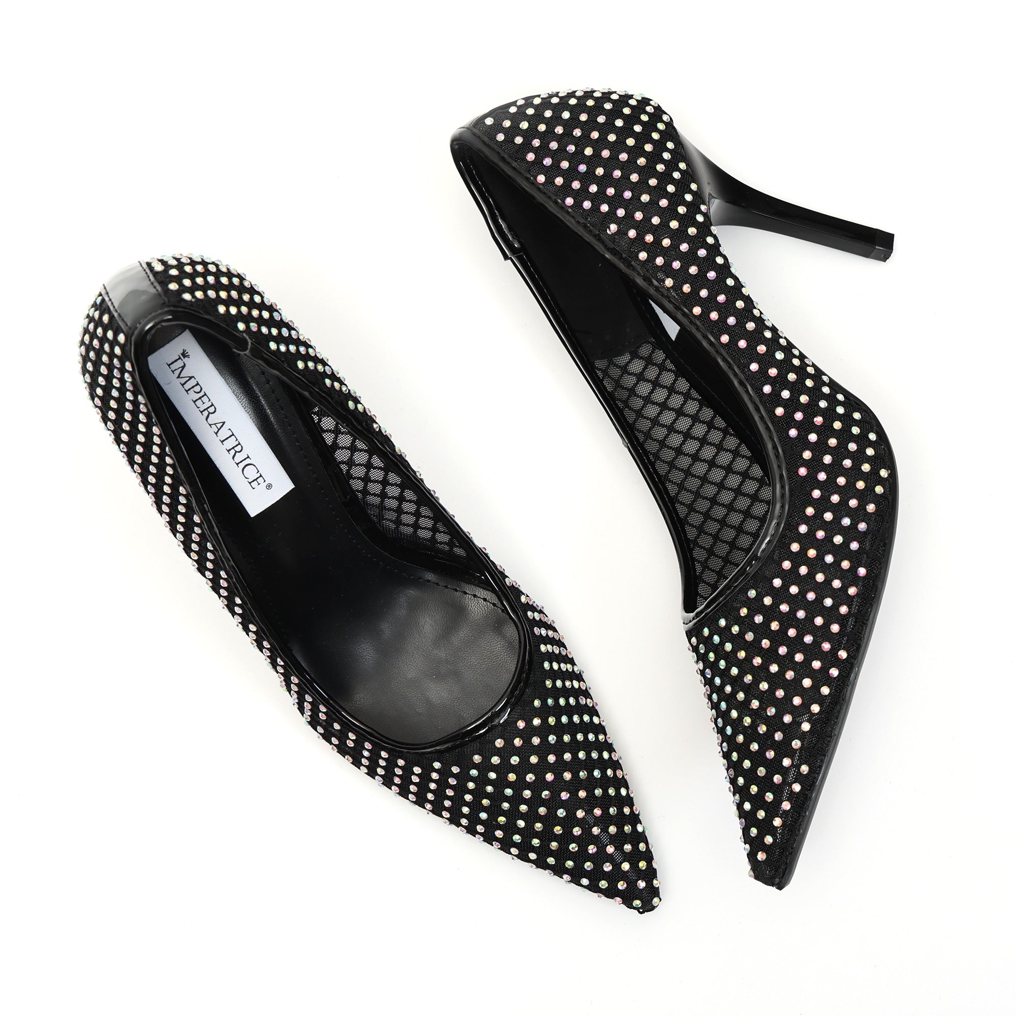 Dècolletè pumps in simil pelle con tomaia bucherellata ricoperta di strass Nero