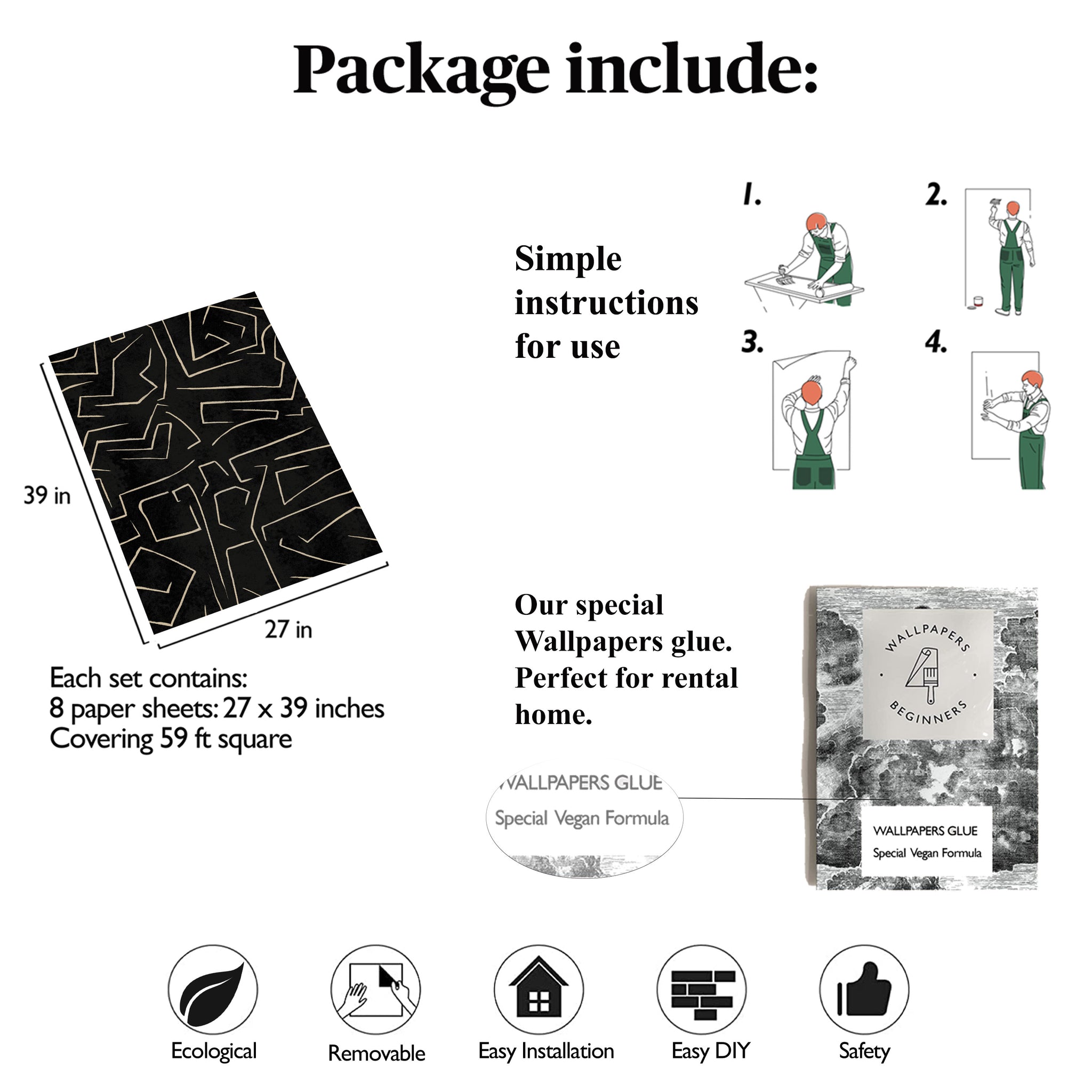 Carta da Parati Nera e Oro Graffiti con Strisce Astratta - 8 fogli - 5,60 mq