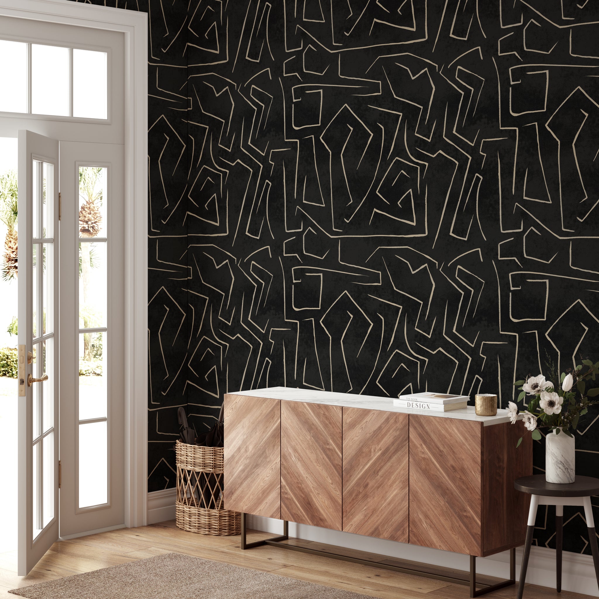 Carta da Parati Nera e Oro Graffiti con Strisce Astratta - 8 fogli - 5,60 mq