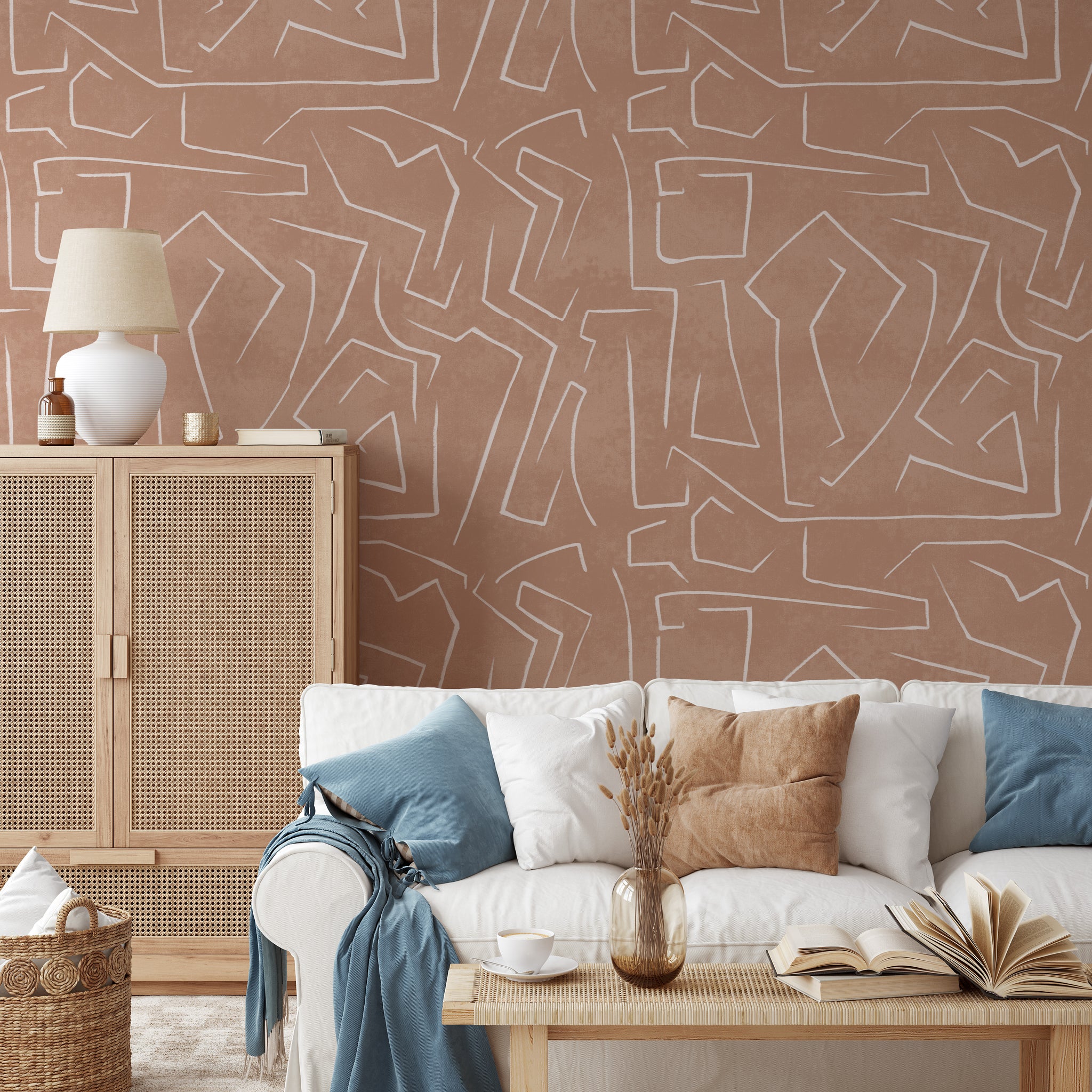 Carta da Parati Moderna Graffiti su Sfondo Rosa Salmone - 8 fogli - 5,60 mq