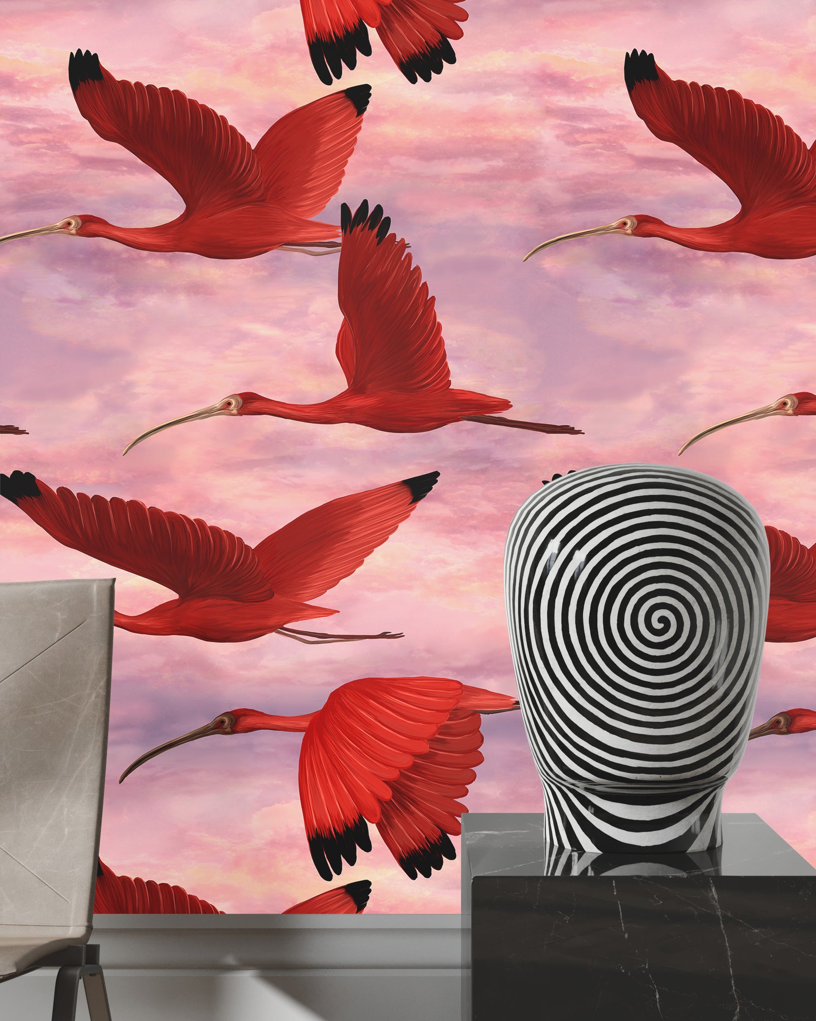 Carta da Parati Tropicale Rosa Uccelli al Tramonto - 8 fogli - 5,60 mq