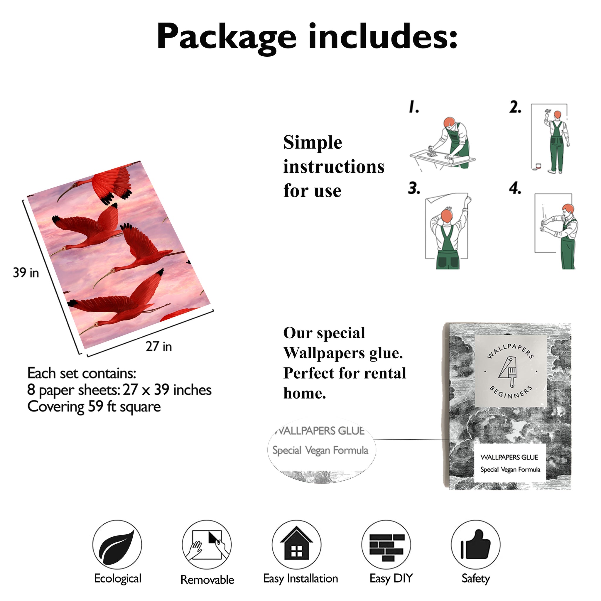 Carta da Parati Tropicale Rosa Uccelli al Tramonto - 8 fogli - 5,60 mq