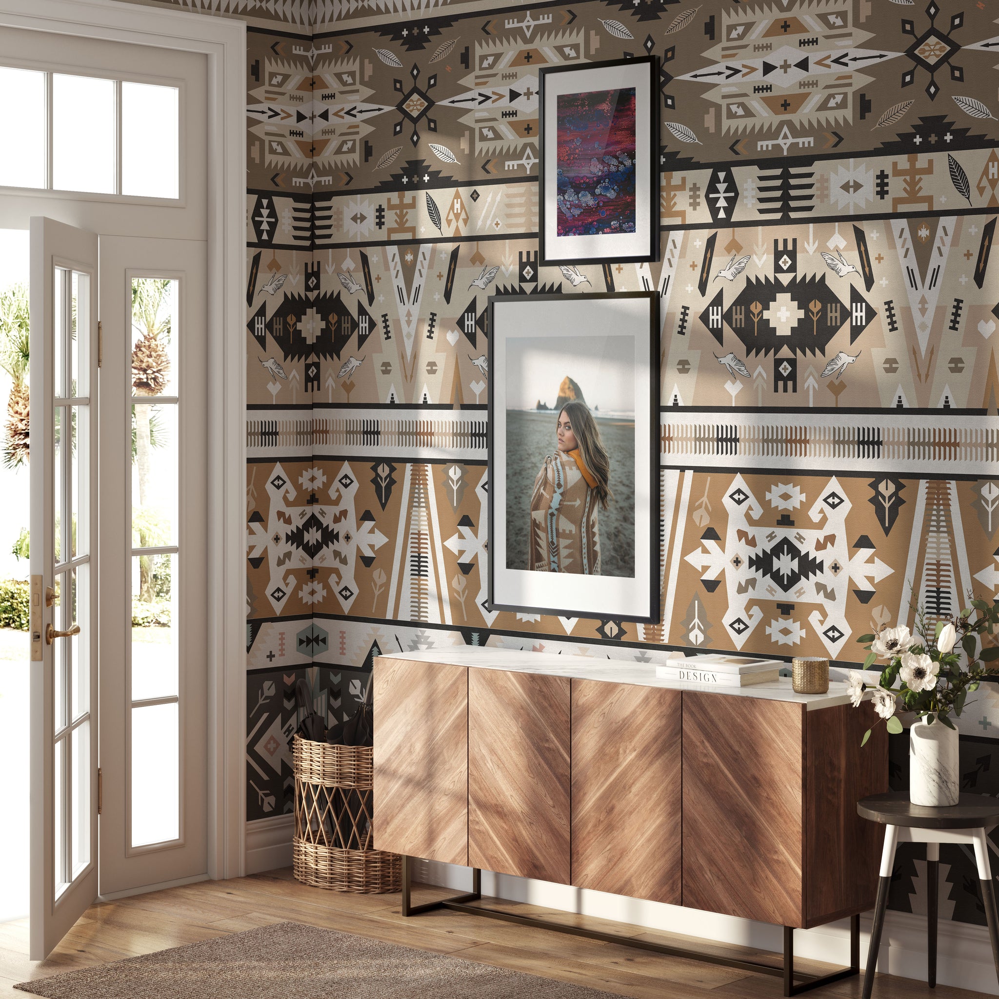 Carta da Parati Geometrica Retro - Stile Ikat nei Toni Neutri - 2 rotoli di carta 90 cm x 260 cm - 4.68 mq