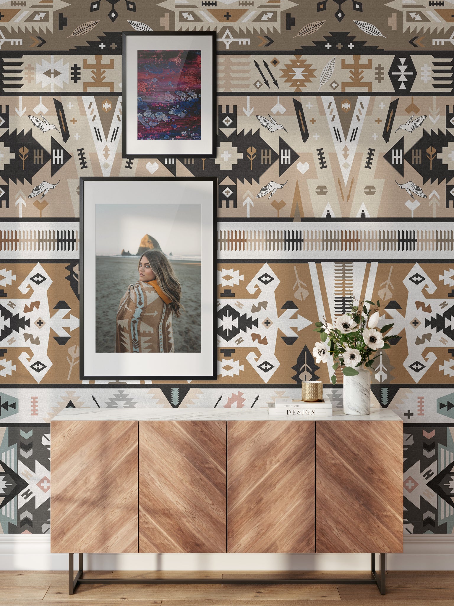 Carta da Parati Geometrica Retro - Stile Ikat nei Toni Neutri - 2 rotoli di carta 90 cm x 260 cm - 4.68 mq