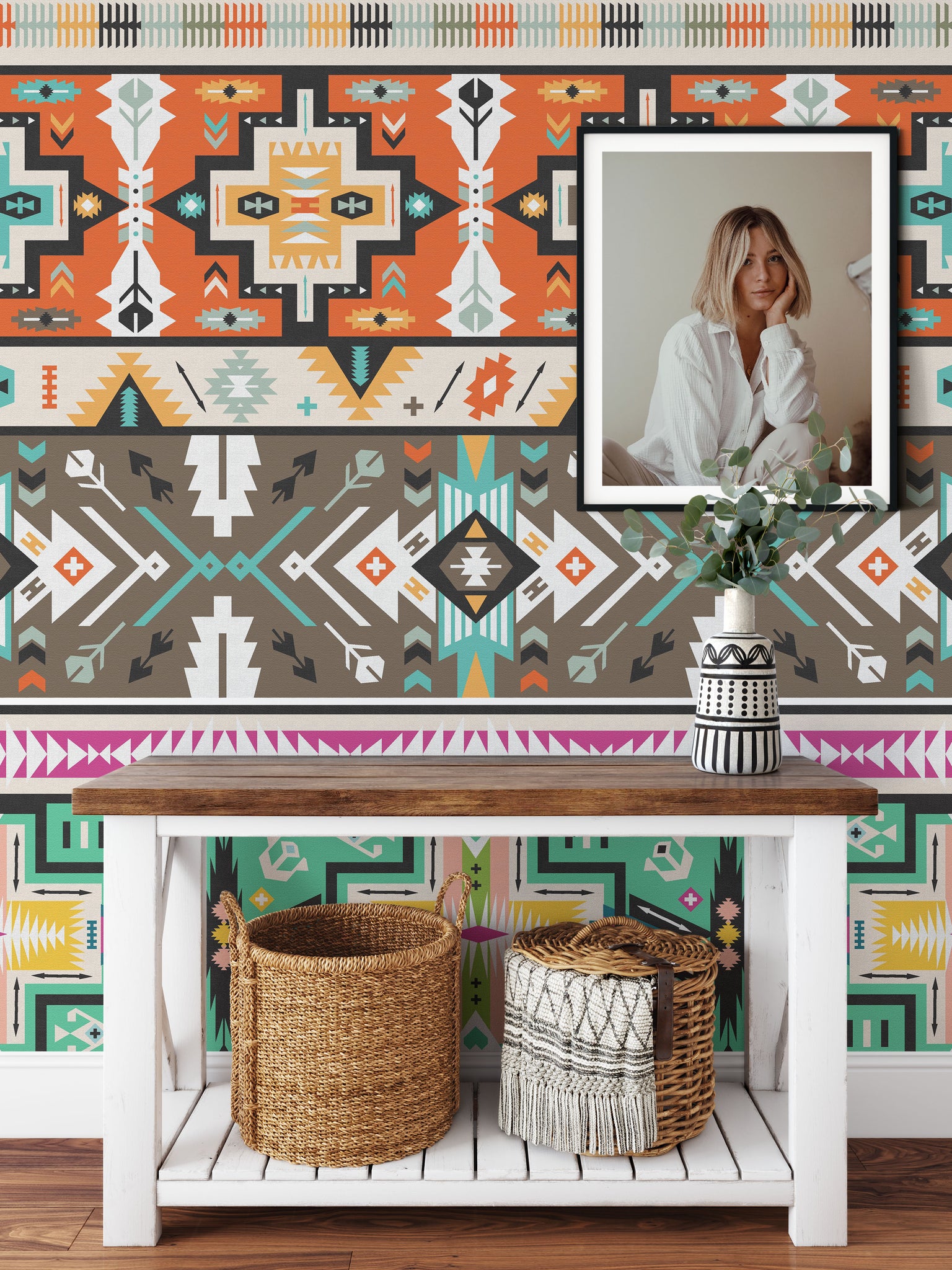 Carta da Parati Azteca Boho - Design Geometrico Vivace - 2 rotoli di carta 90 cm x 260 cm - 4.68 mq