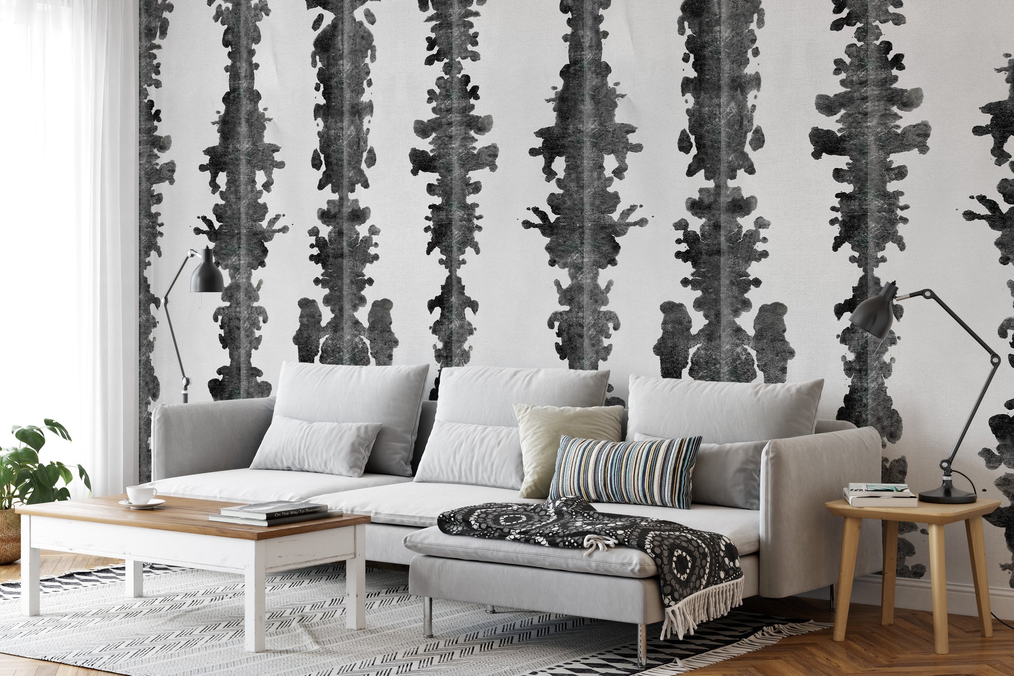 Carta da Parati Effetto Macchie d’Inchiostro Shibori Nera e Bianca - 2 rotoli di carta 90 cm x 260 cm - 4.68 mq