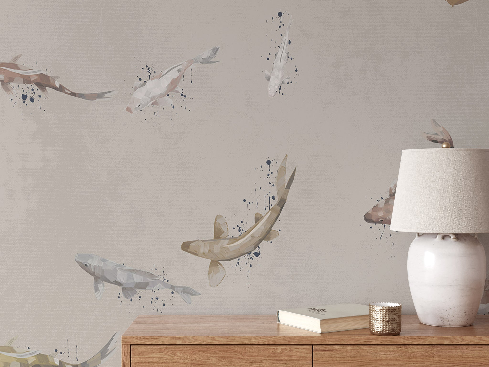 Carta da Parati Minimalista con Pesci - Eleganza Tranquilla - 2 rotoli di carta 90 cm x 260 cm - 4.68 mq