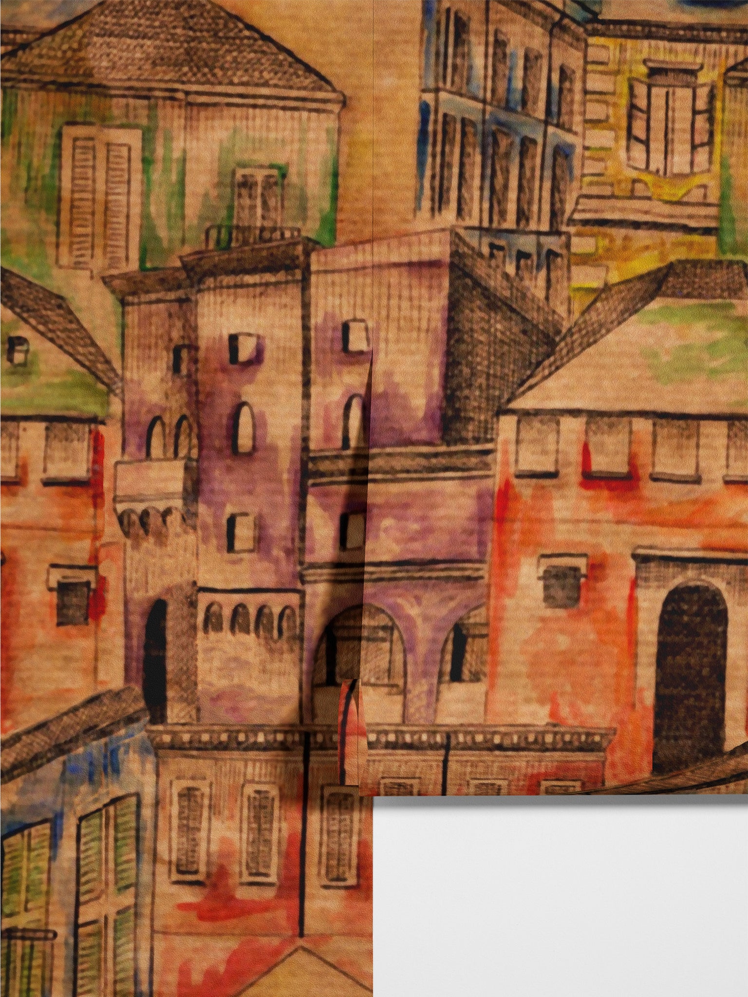 Carta da Parati Villaggio Acquerellato - 2 rotoli di carta 90 cm x 260 cm - 4.68 mq