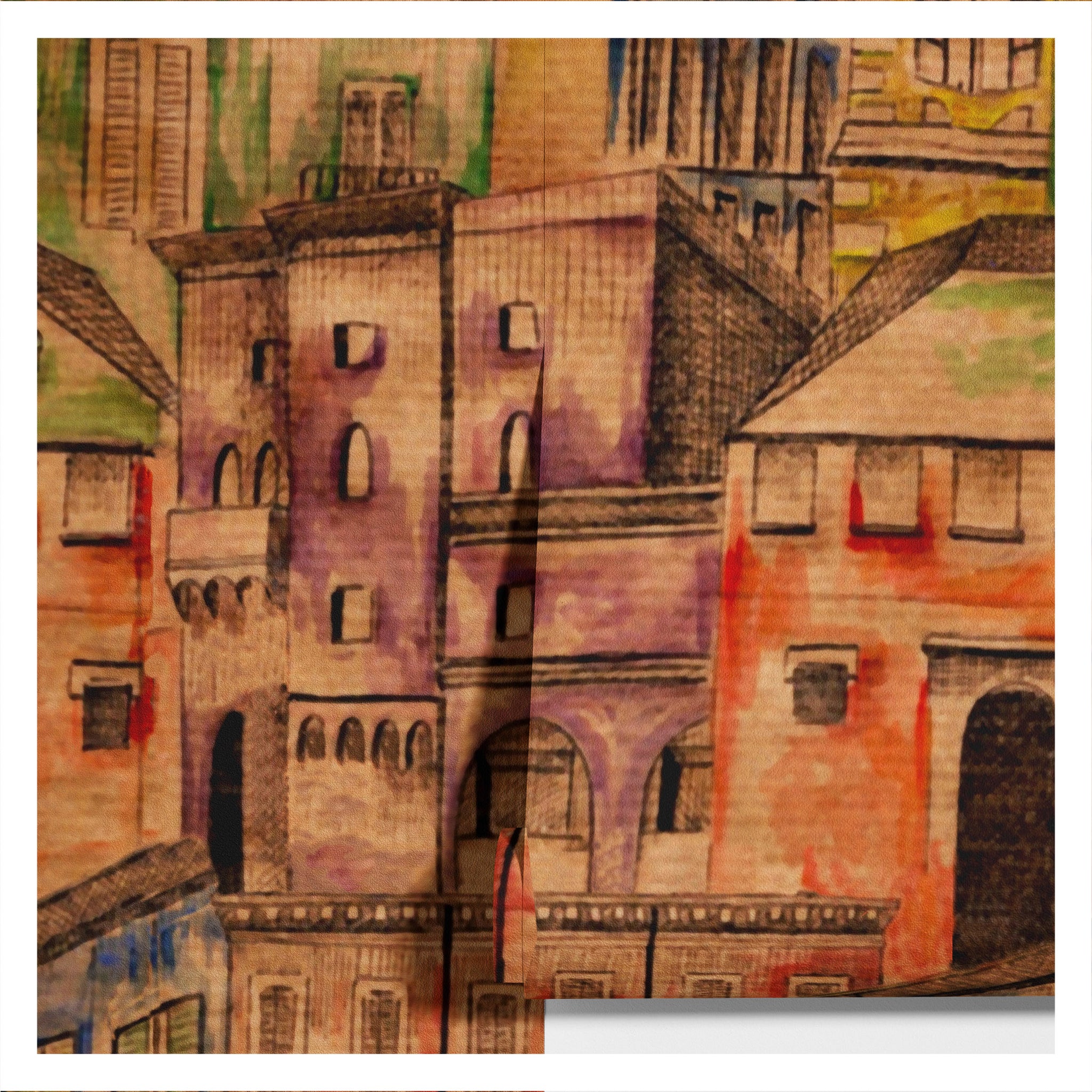 Carta da Parati Villaggio Acquerellato - 2 rotoli di carta 90 cm x 260 cm - 4.68 mq