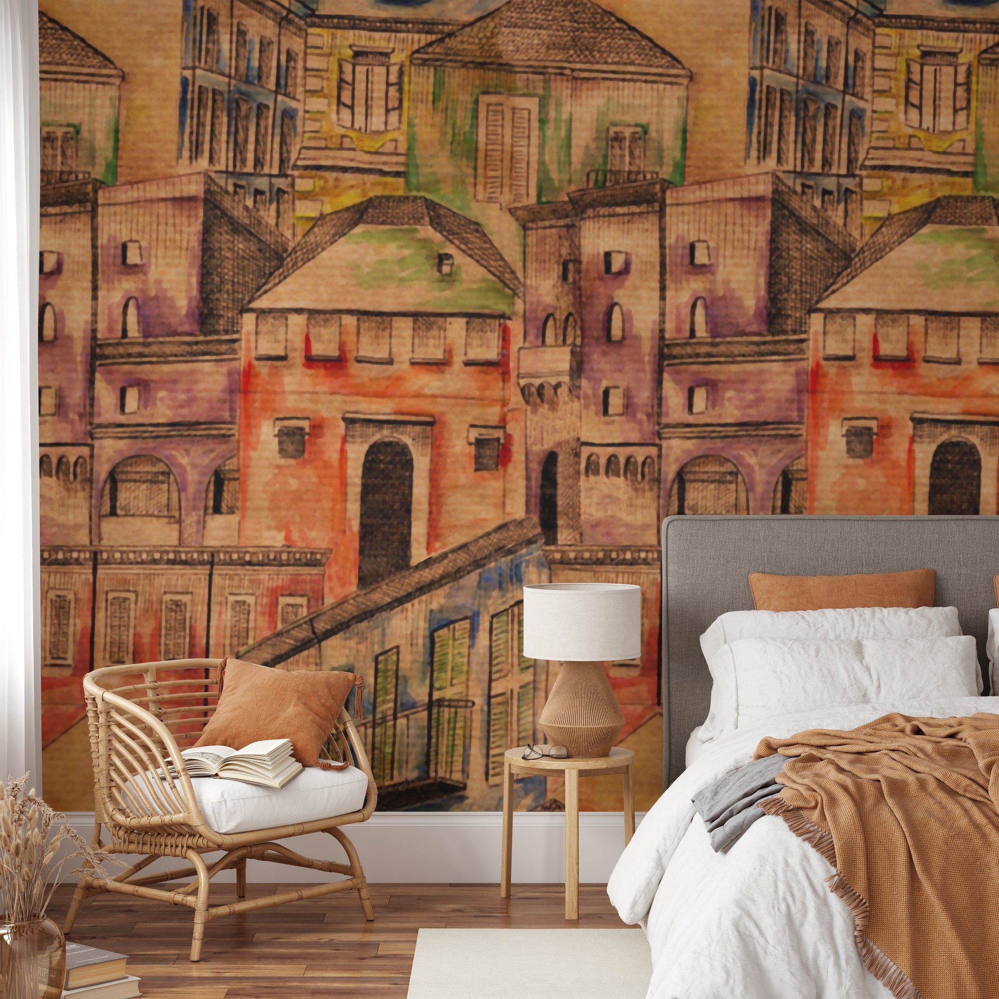 Carta da Parati Villaggio Acquerellato - 2 rotoli di carta 90 cm x 260 cm - 4.68 mq