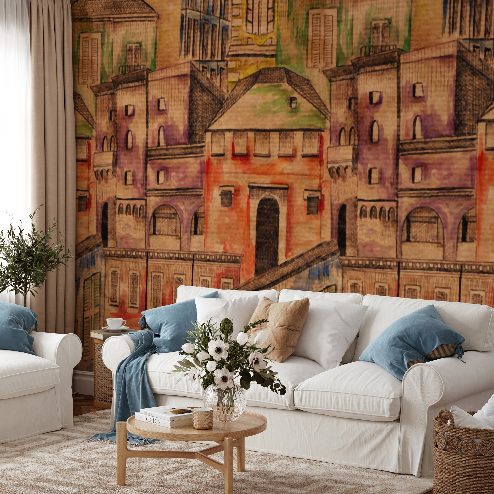 Carta da Parati Villaggio Acquerellato - 2 rotoli di carta 90 cm x 260 cm - 4.68 mq