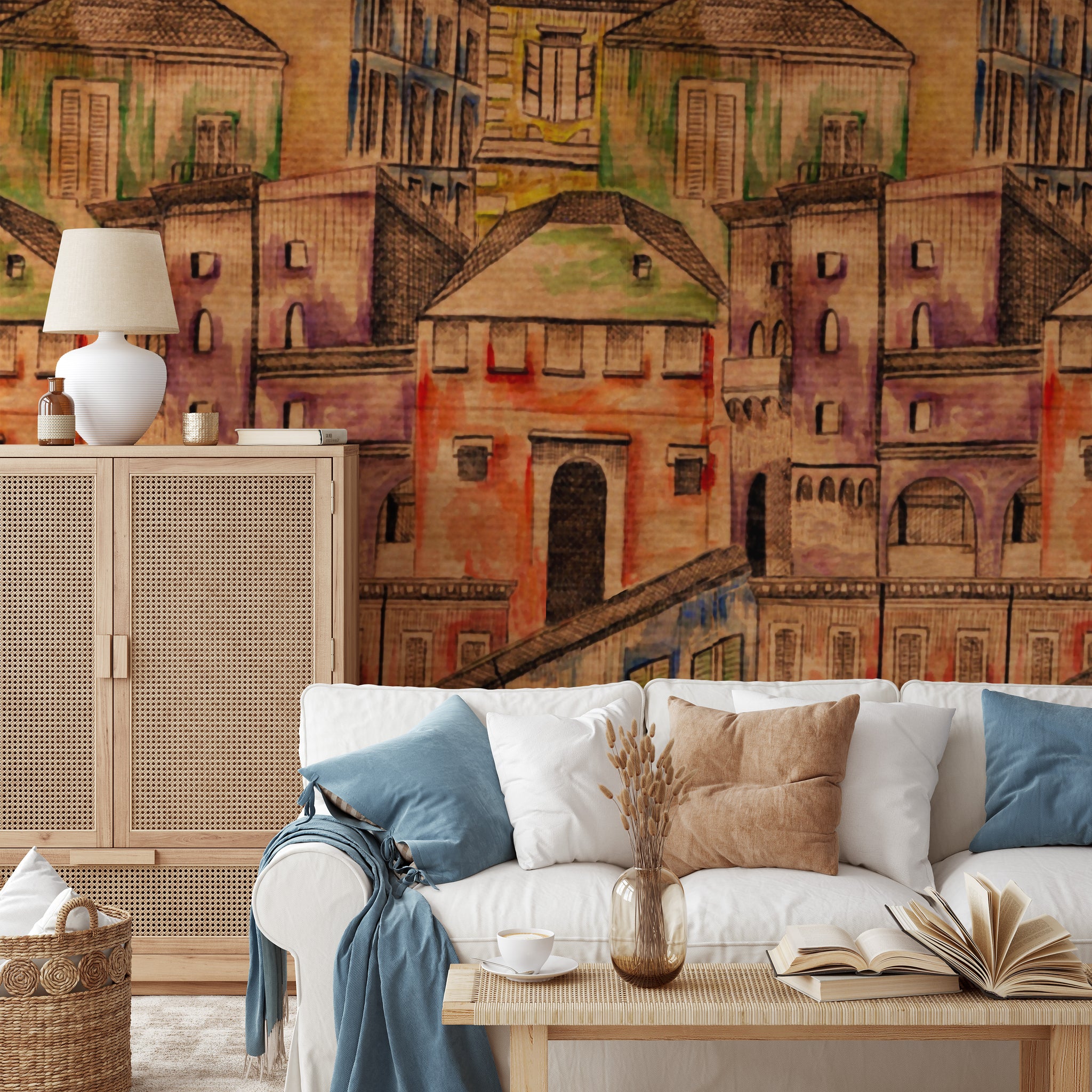 Carta da Parati Villaggio Acquerellato - 2 rotoli di carta 90 cm x 260 cm - 4.68 mq