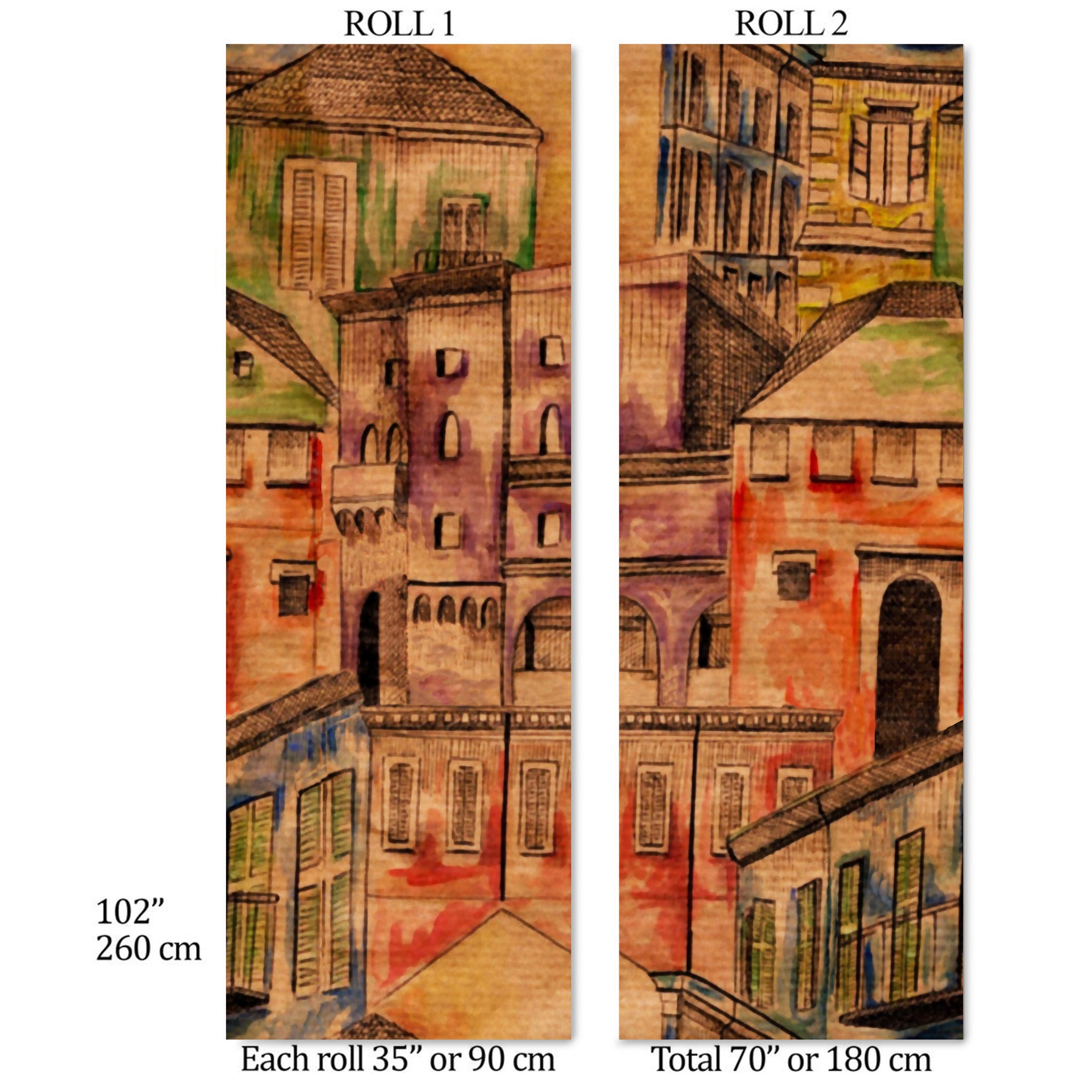 Carta da Parati Villaggio Acquerellato - 2 rotoli di carta 90 cm x 260 cm - 4.68 mq