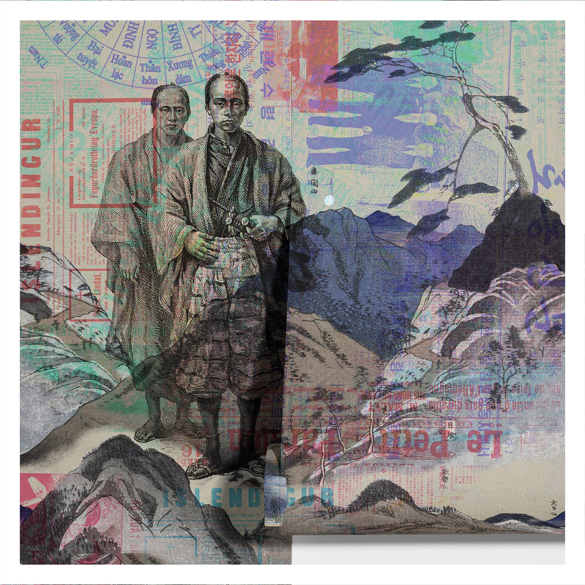 Carta da Parati Arte Giapponese - Samurai e Paesaggio di Montagna - 2 rotoli di carta 90 cm x 260 cm - 4.68 mq