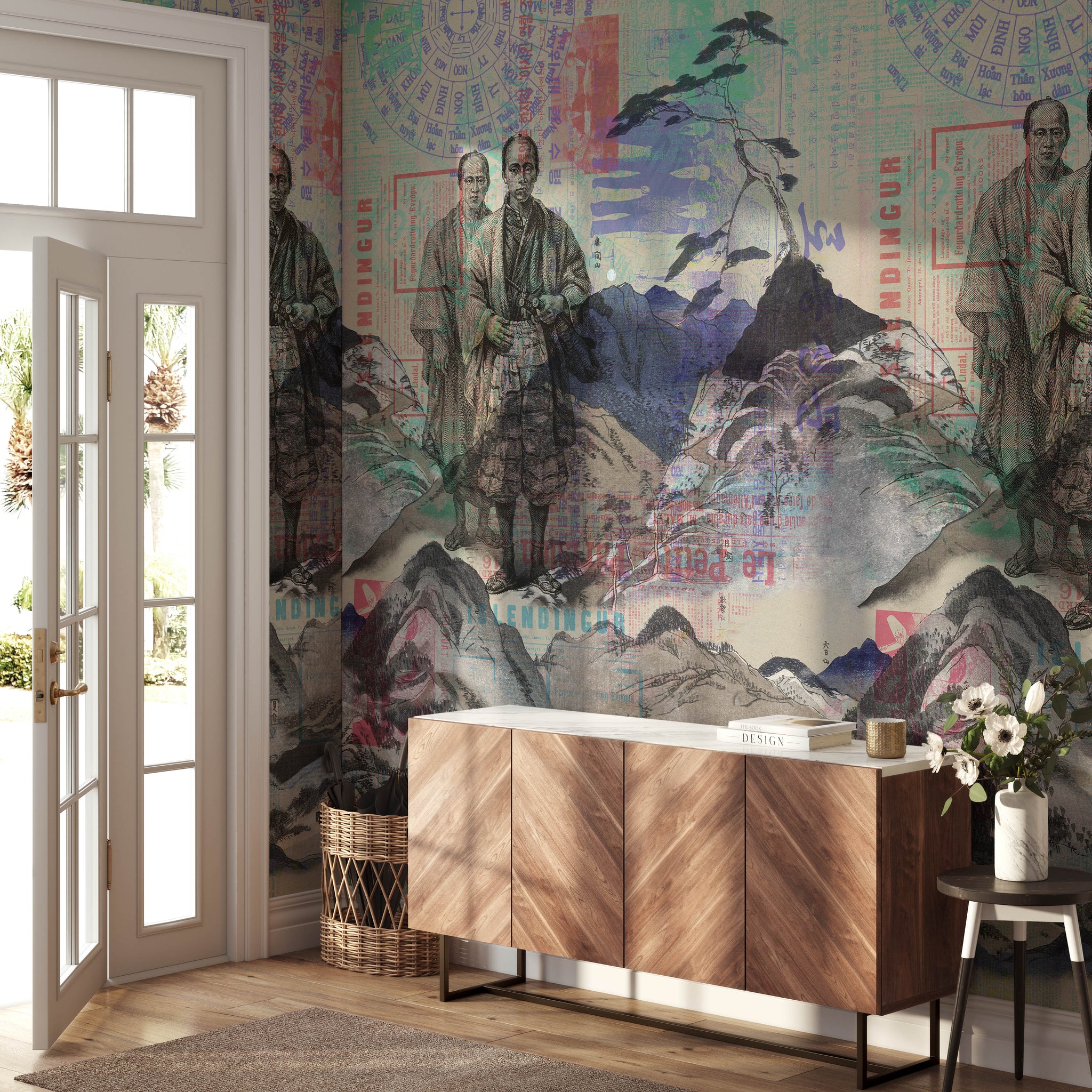 Carta da Parati Arte Giapponese - Samurai e Paesaggio di Montagna - 2 rotoli di carta 90 cm x 260 cm - 4.68 mq