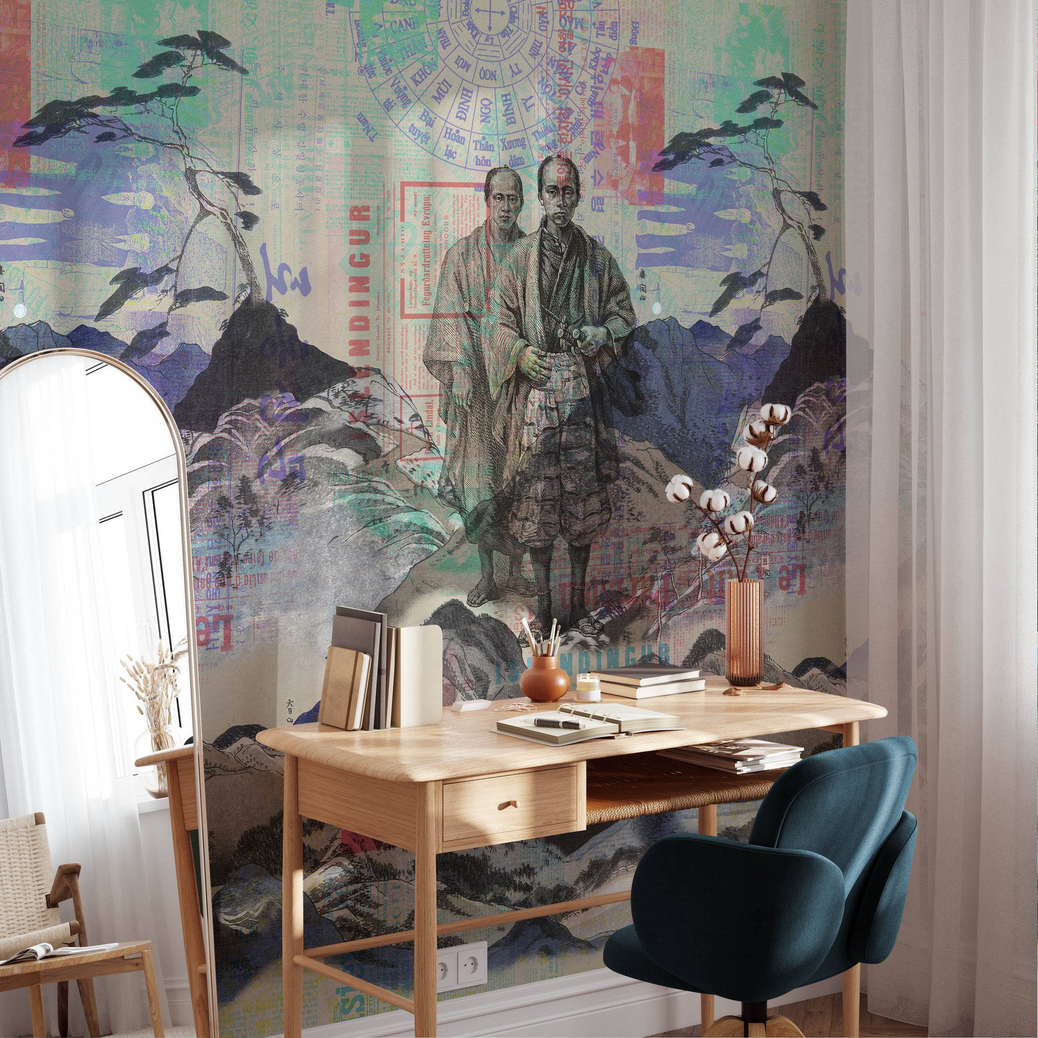 Carta da Parati Arte Giapponese - Samurai e Paesaggio di Montagna - 2 rotoli di carta 90 cm x 260 cm - 4.68 mq