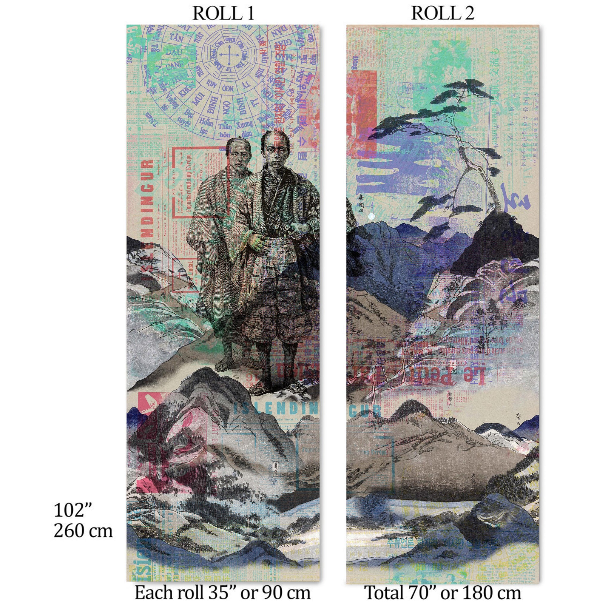 Carta da Parati Arte Giapponese - Samurai e Paesaggio di Montagna - 2 rotoli di carta 90 cm x 260 cm - 4.68 mq