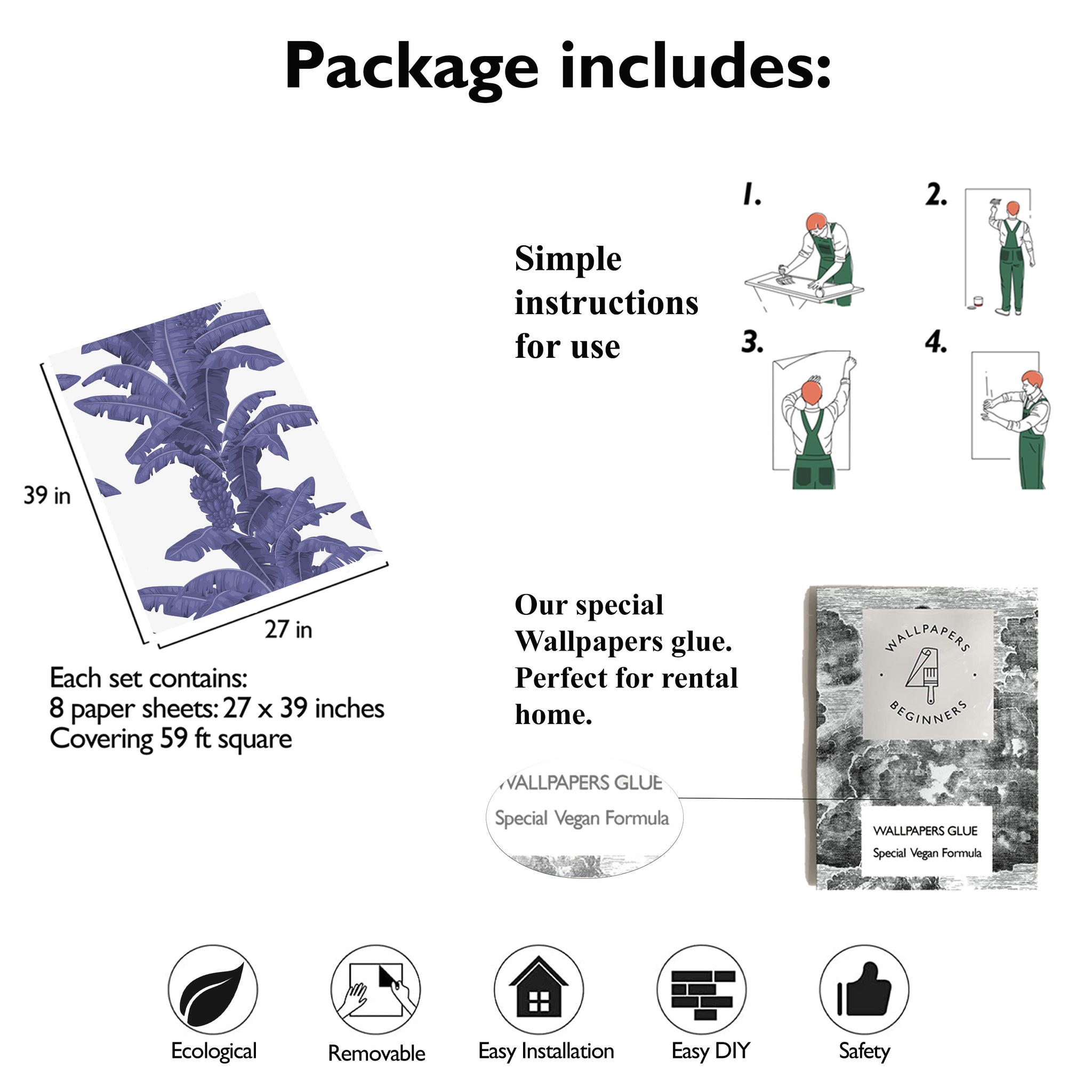 Carta da parati Esotica Palme Bianca e Blu - 8 fogli - 5,60 mq