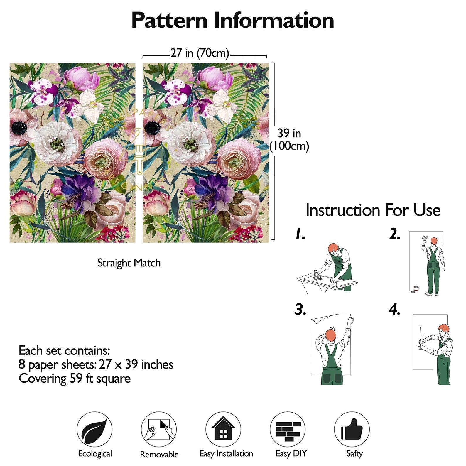 Carta da Parati Floreale con Fiori Rosa - 8 fogli - 5,60 mq