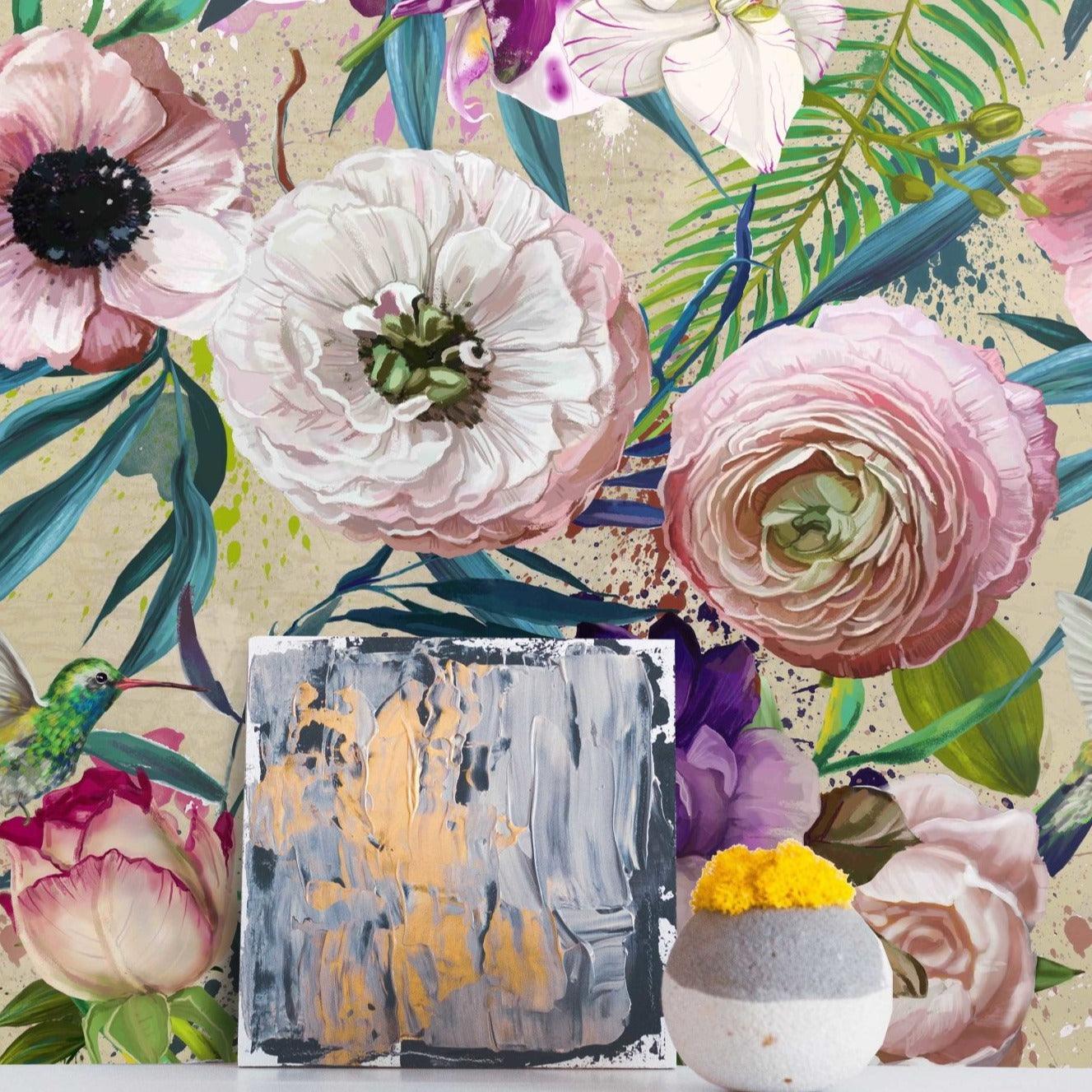 Carta da Parati Floreale con Fiori Rosa - 8 fogli - 5,60 mq