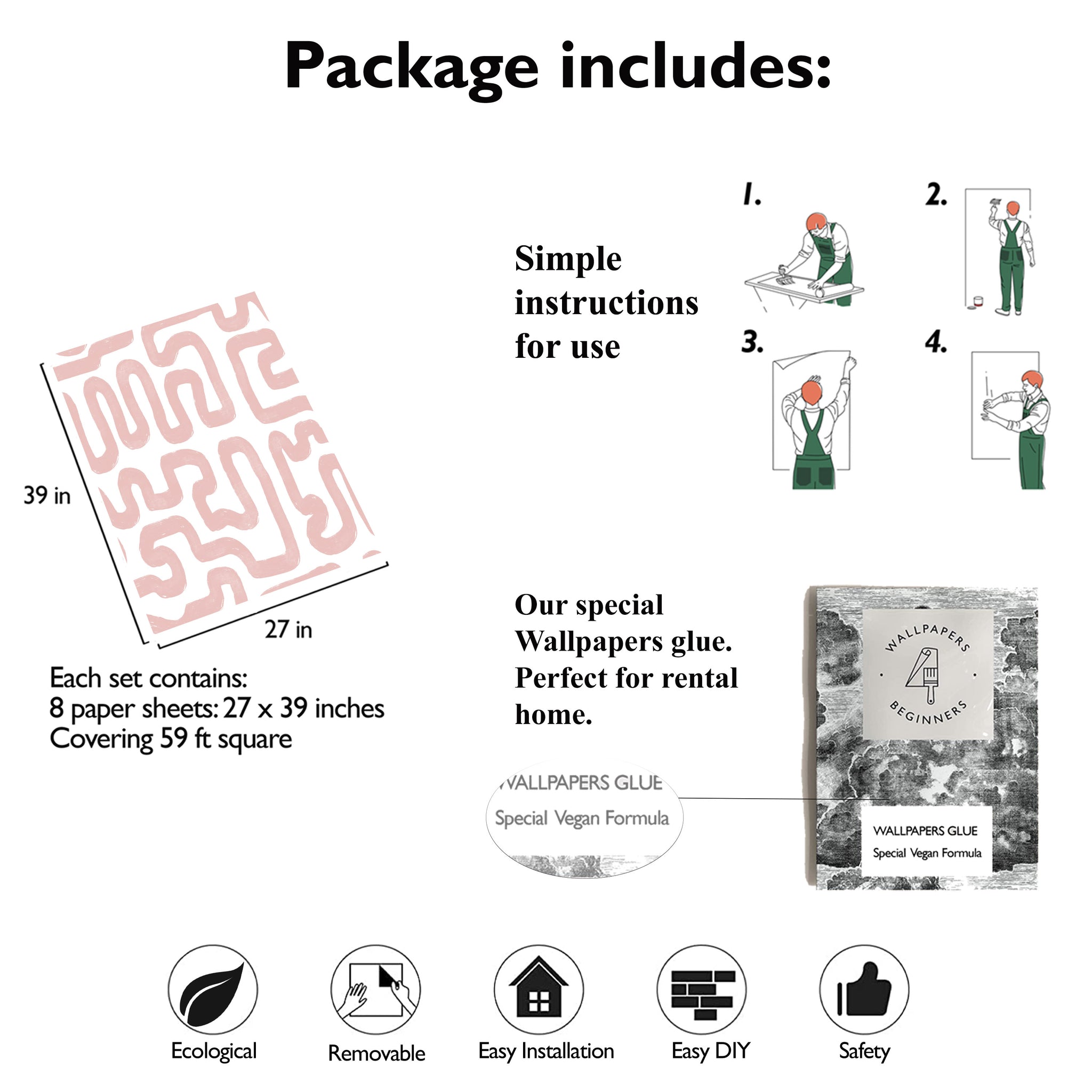 Carta da Parati Astratta Bianca e Rosa - 8 fogli - 5,60 mq