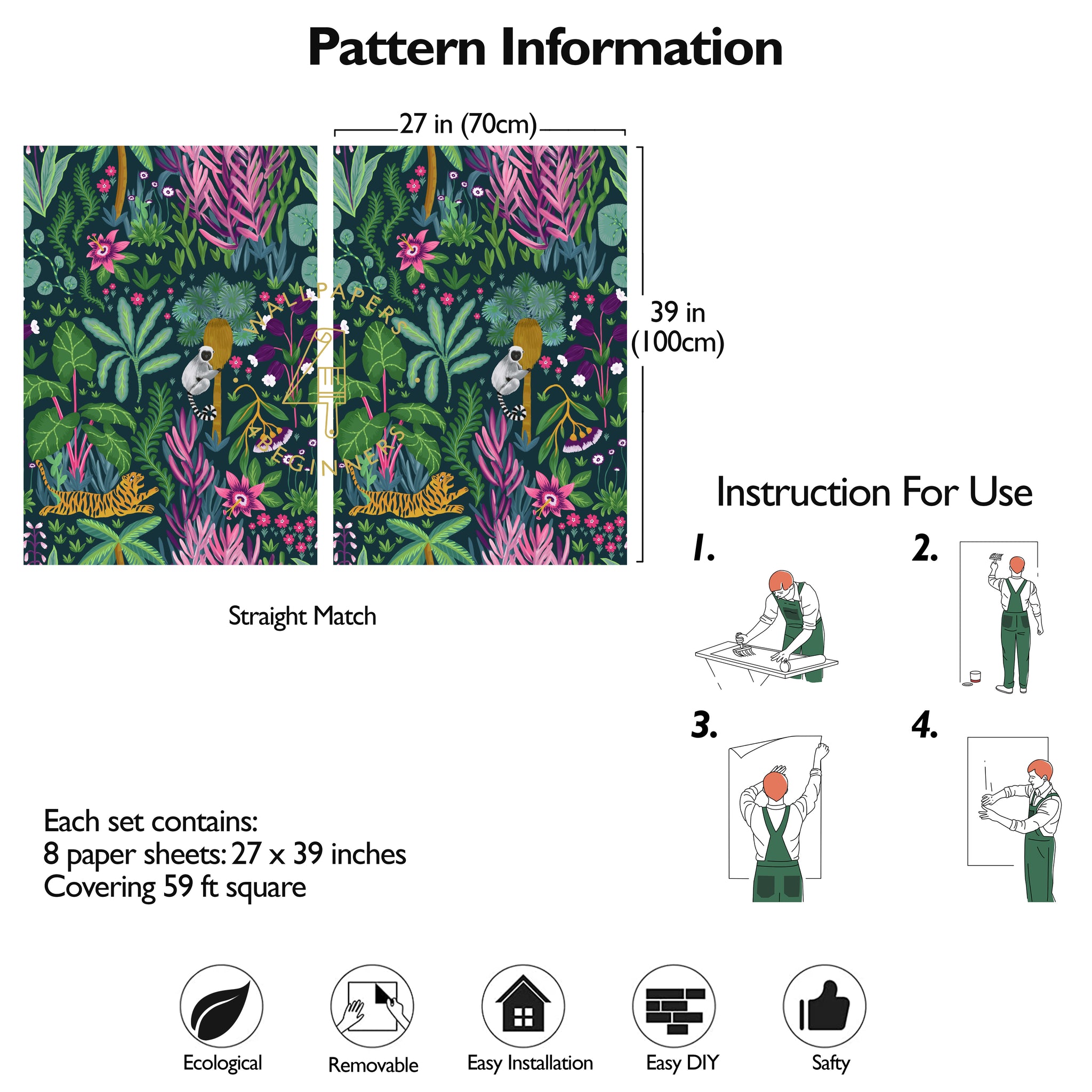 Carta da parati Giungla Tropicale con Scimmie e Tigre - 8 fogli - 5,60 mq