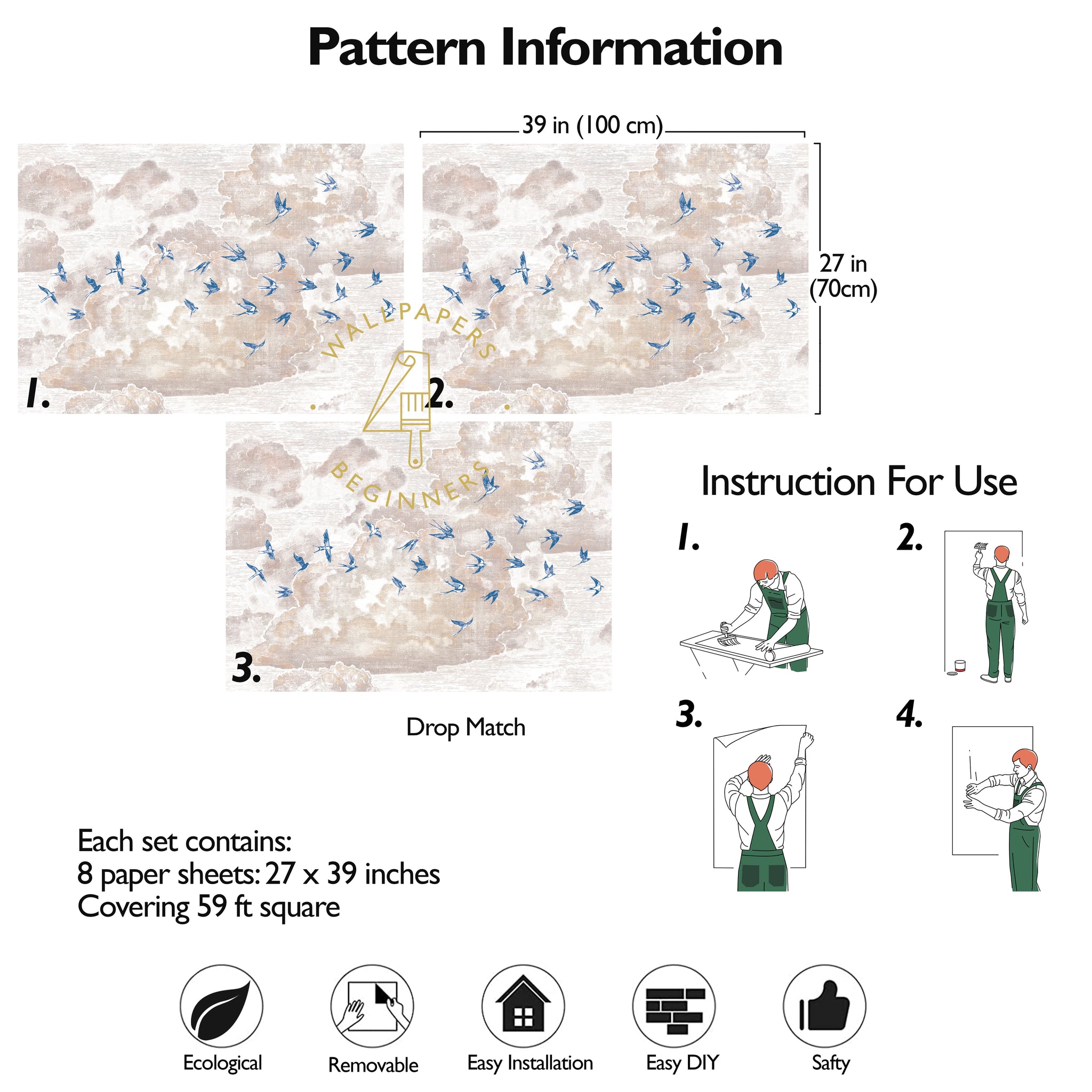 Carta da parati Nuvole al Tramonto con Rondini - 8 fogli - 5,60 mq