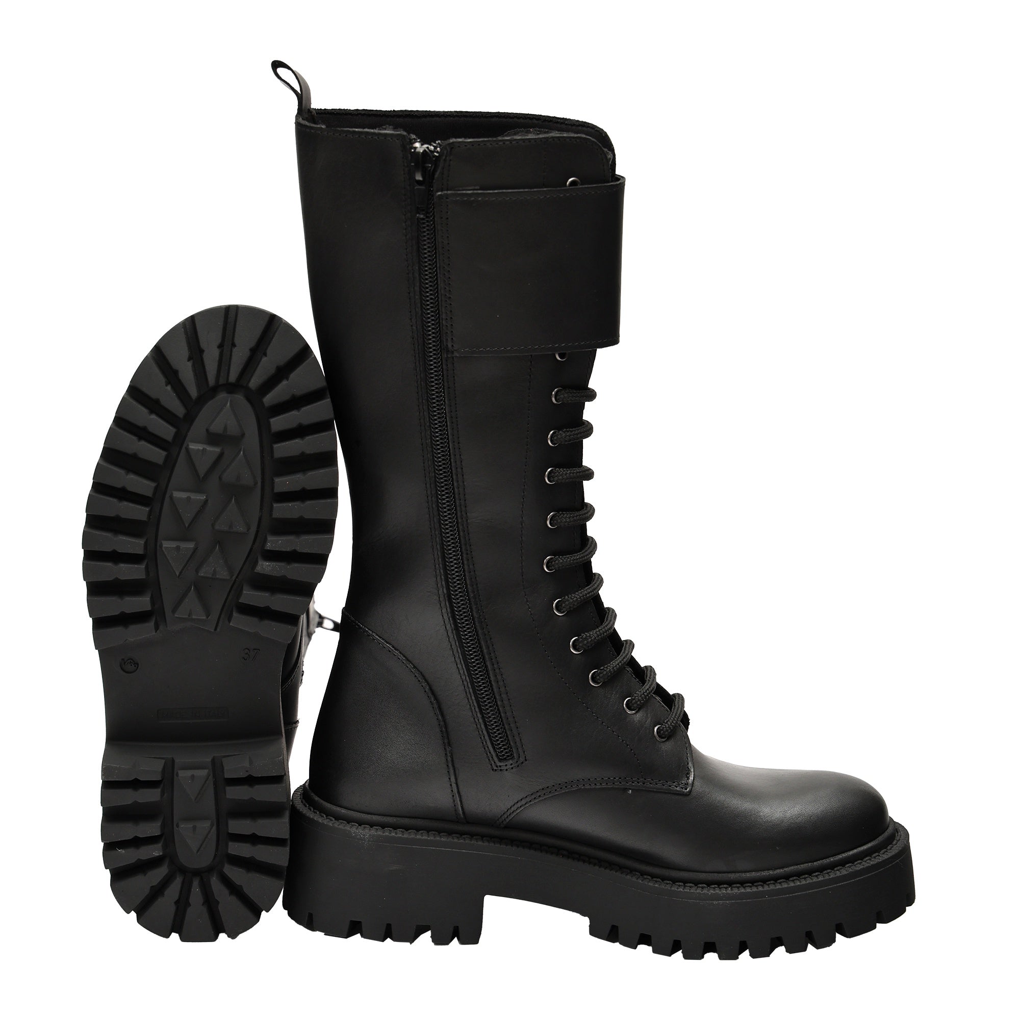 Stivali in vera pelle con stringhe e cinturini Nero