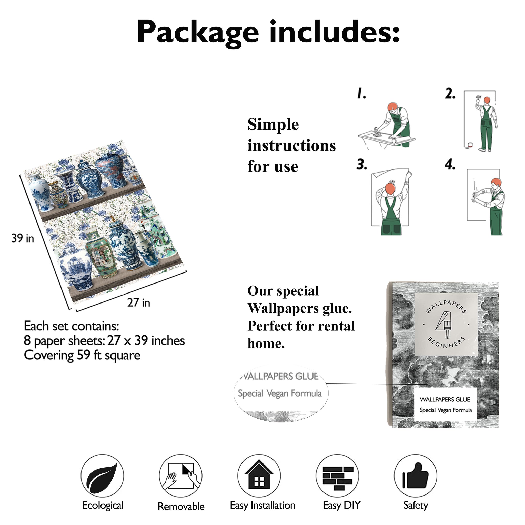 Carta da Parati Vasi Cinesi - 8 fogli - 5,60 mq