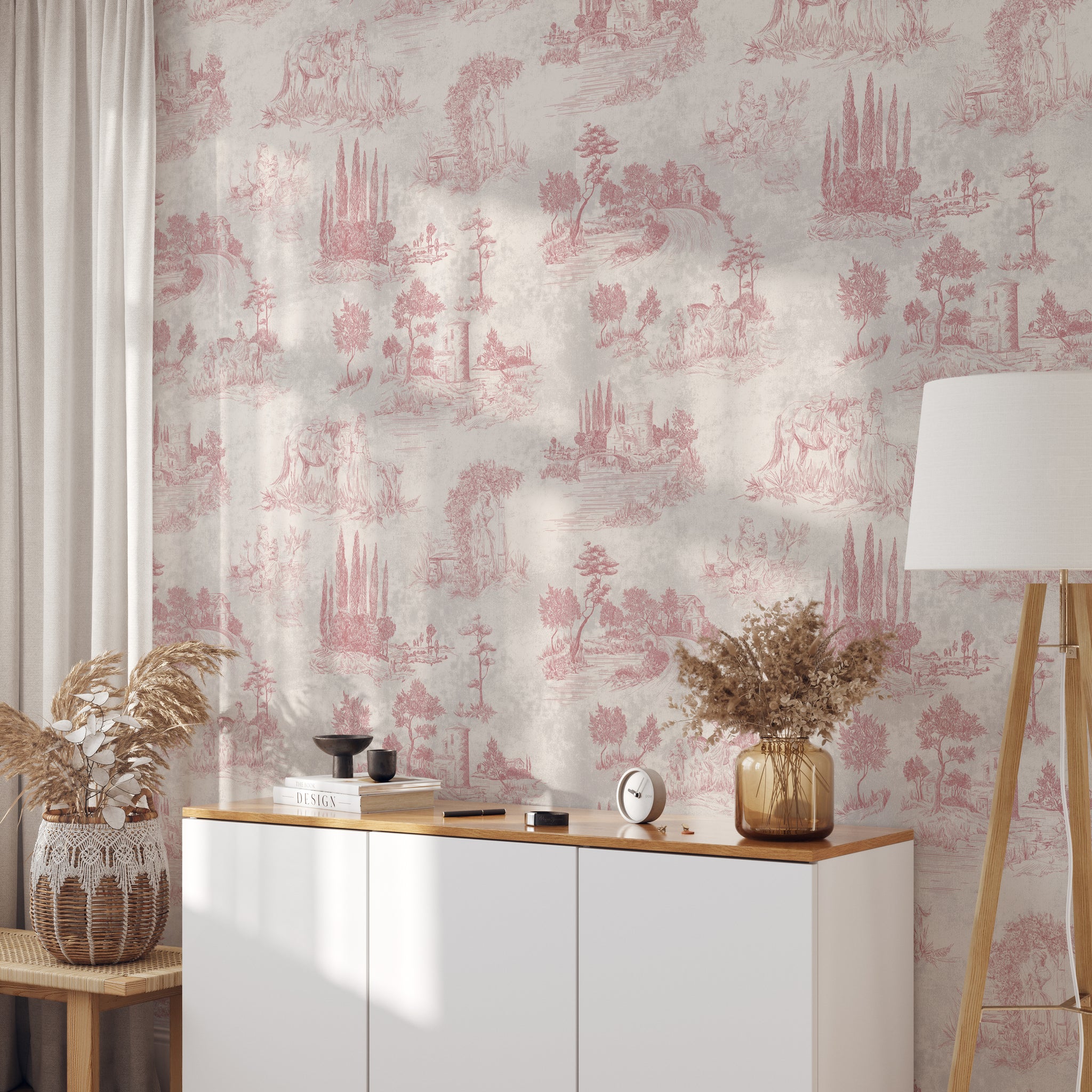 Carta da Parati Toile de Jouy Rosa Vintage - 8 fogli - 5,60 mq