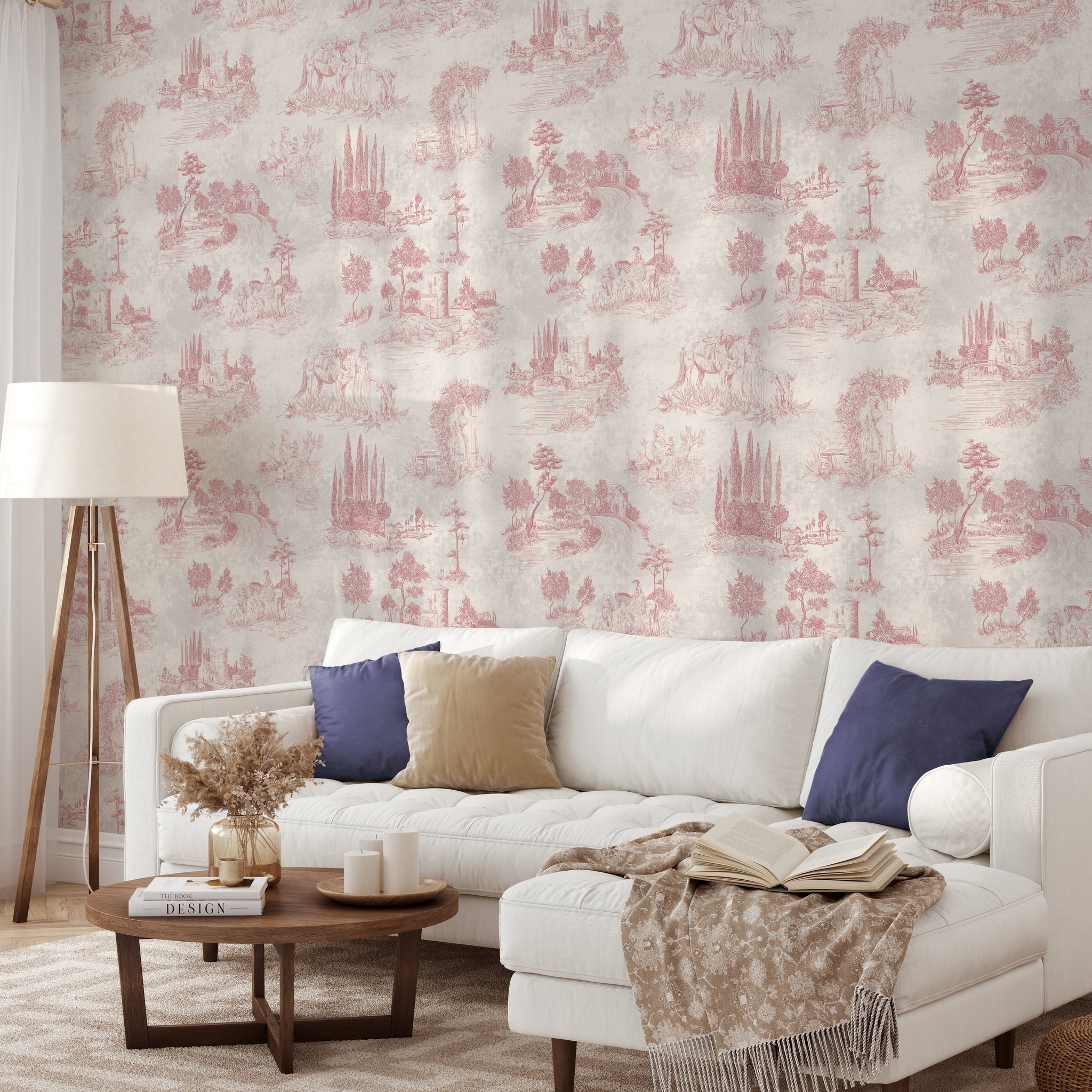 Carta da Parati Toile de Jouy Rosa Vintage - 8 fogli - 5,60 mq