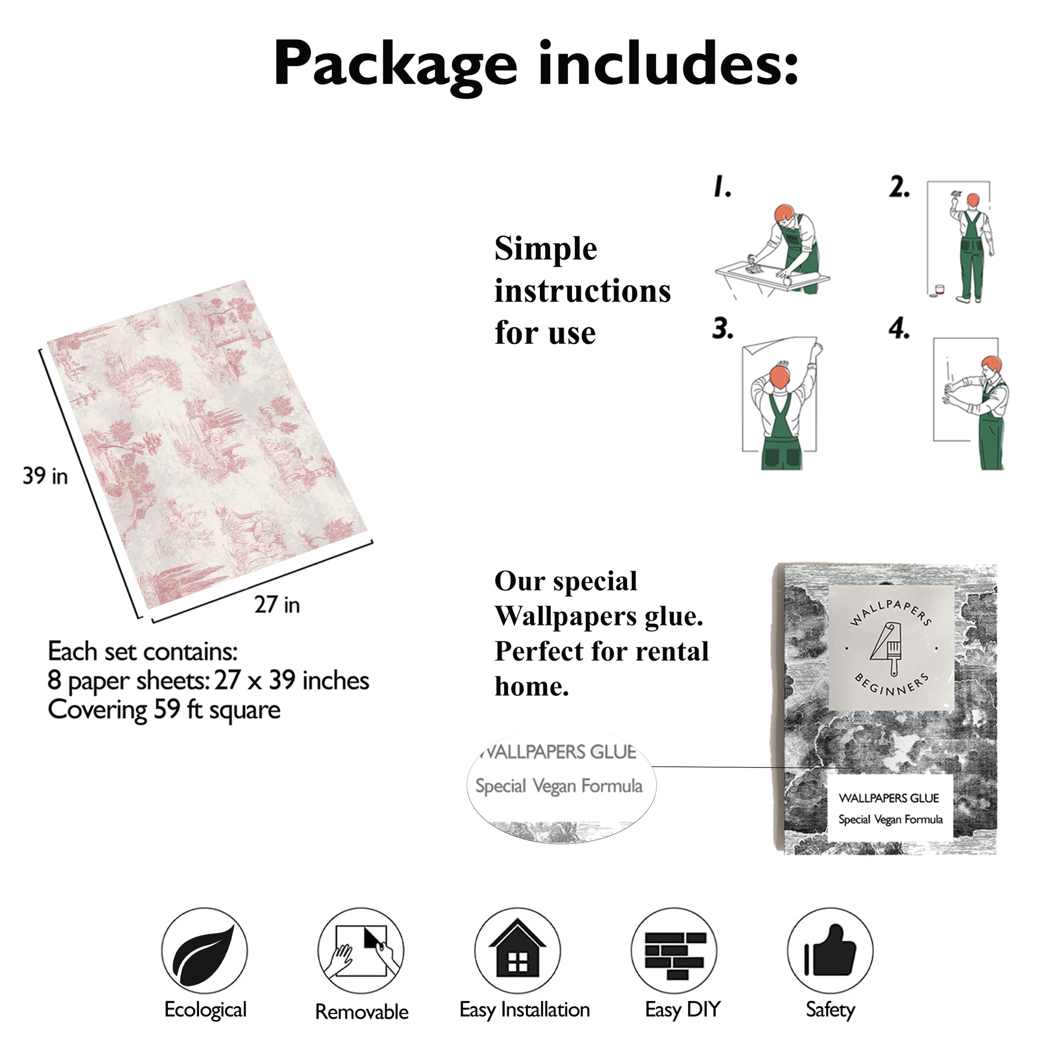 Carta da Parati Toile de Jouy Rosa Vintage - 8 fogli - 5,60 mq