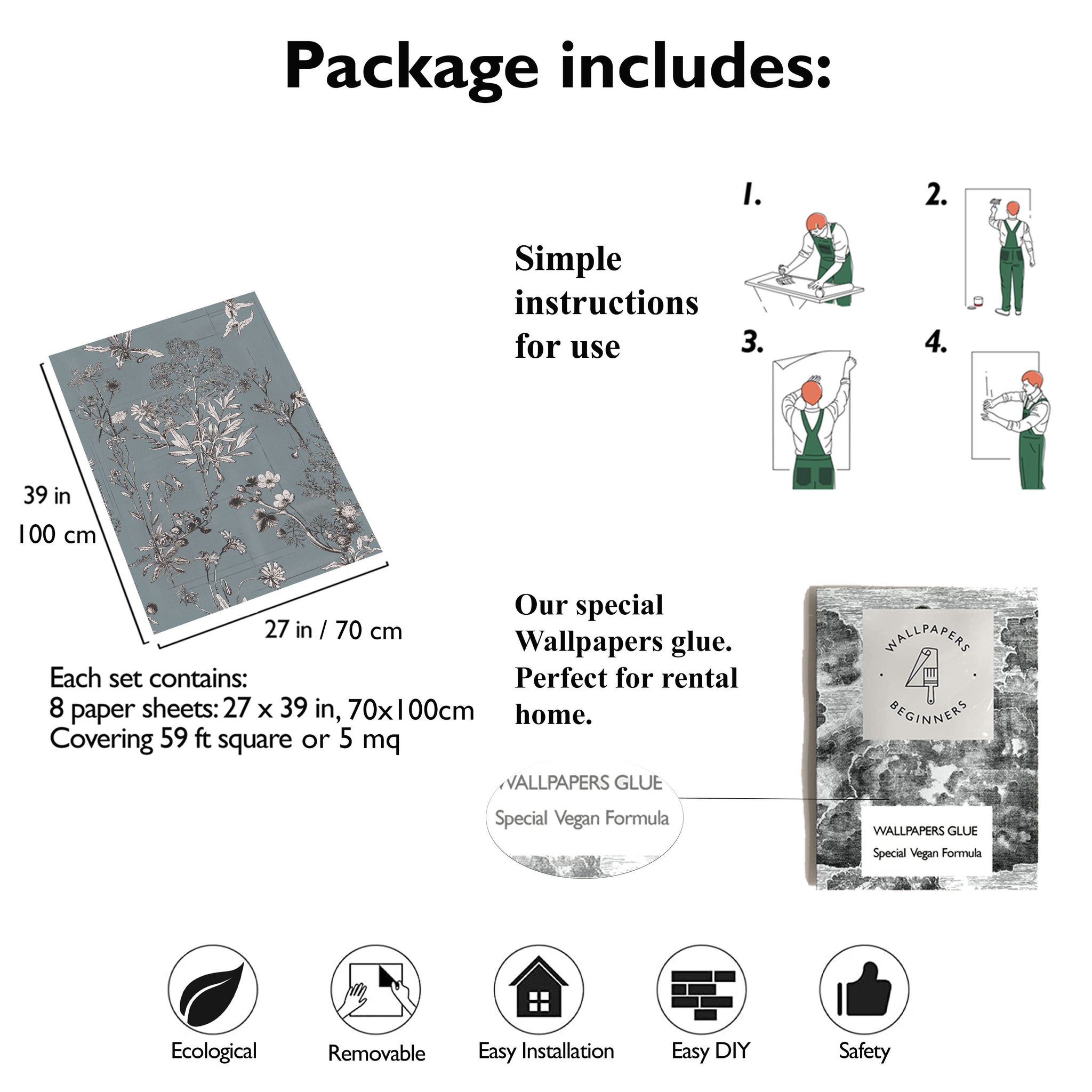 Carta da Parati Illustrazioni Floreali - 8 fogli - 5,60 mq